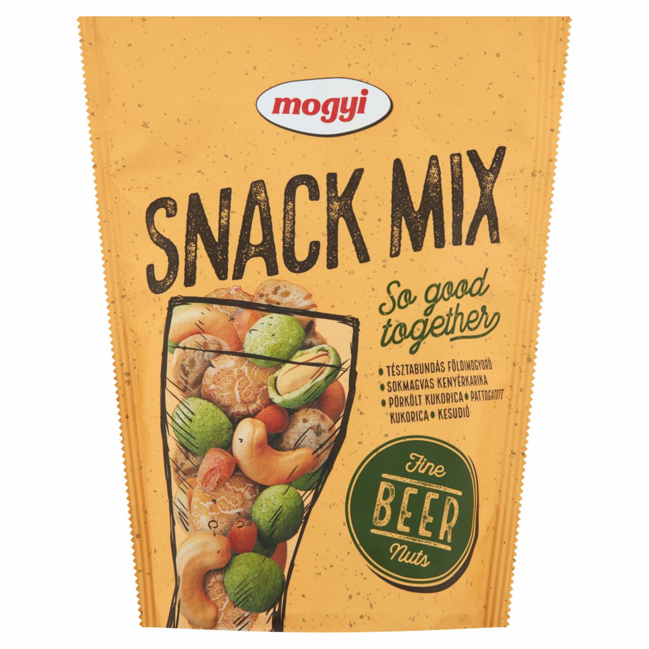 Képek - Mogyi Snack Mix földimogyoró, kenyérkarika, pörkölt- és pattogatott kukorica, kesudió keveréke 80 g