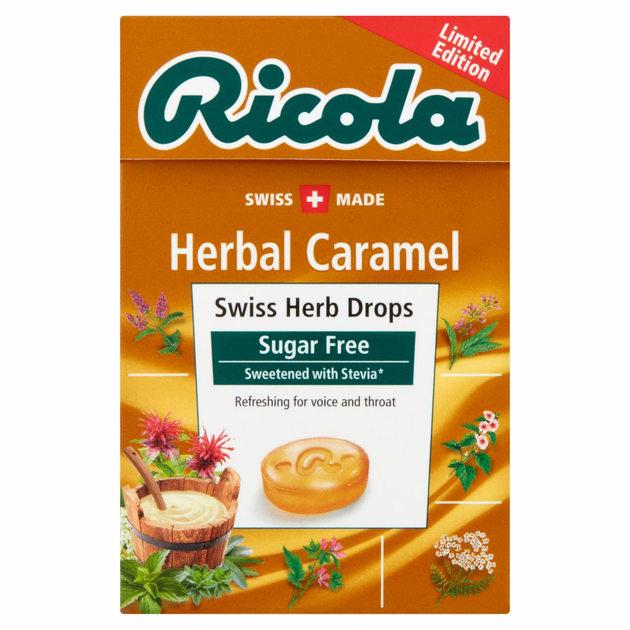 Képek - Ricola Herbal Caramel svájci cukormentes gyógynövény cukorkák, édesítőszerekkel 40 g