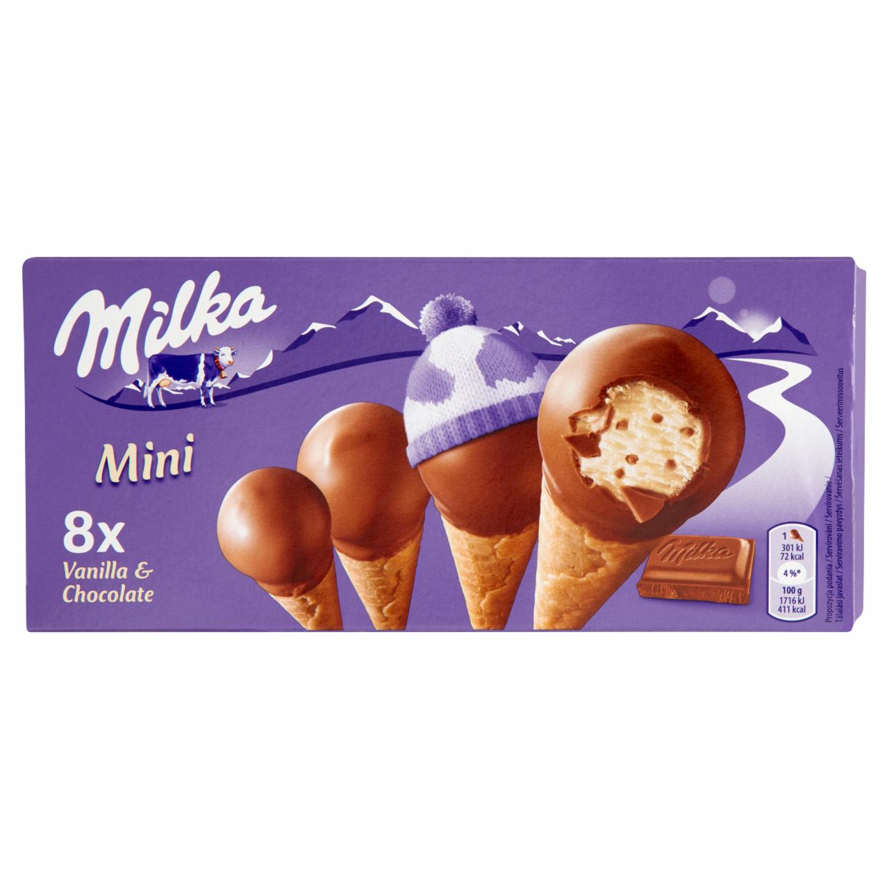 Képek - Milka Mini ostyatölcsérek vanília ízű jégkrémmel töltve tejcsokoládéval 8 x 25 ml (200 ml)