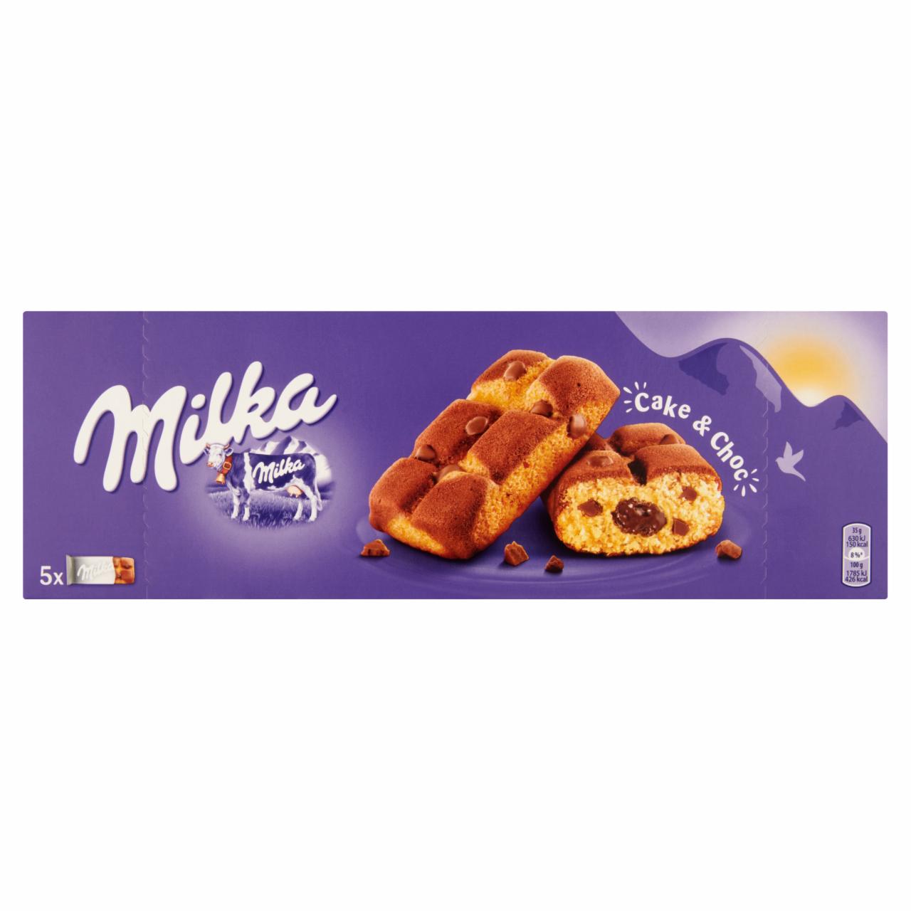 Képek - Milka Cake & Choc piskóta alpesi tejcsokoládé darabkákkal és csokoládés töltelékkel 5 db 175 g