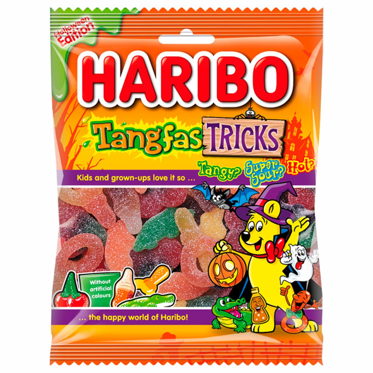 Képek - Haribo Tangfas Tricks csípős vagy extra savanyú, gyümölcs- és kólaízű gumicukorka 190 g