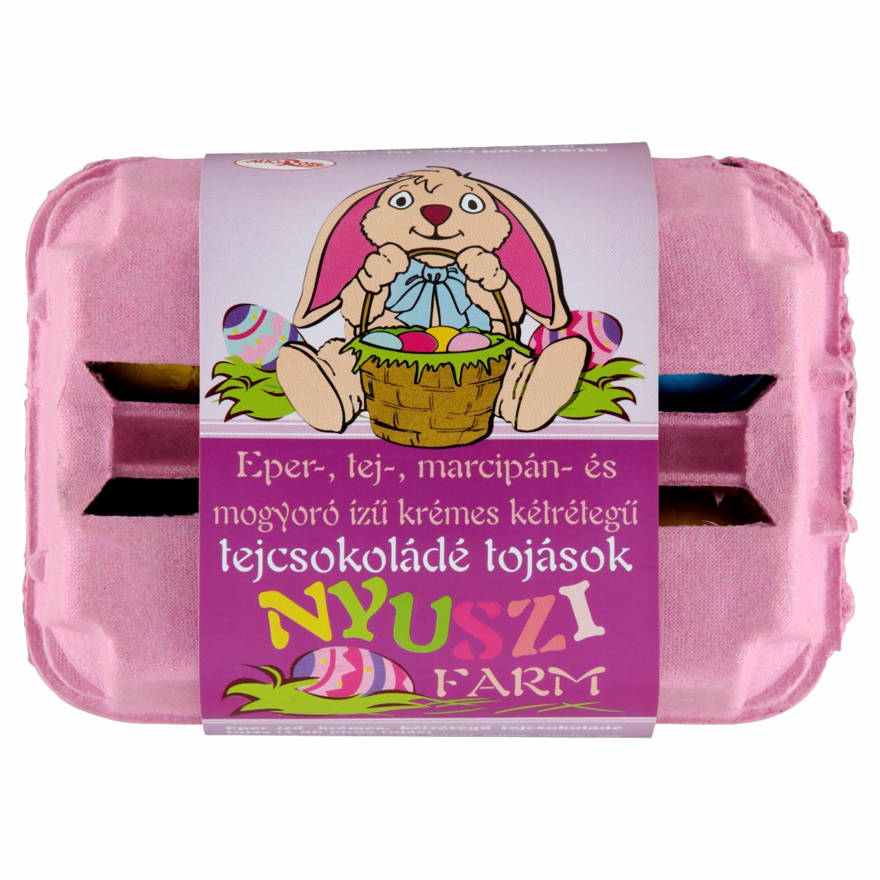 Képek - MicRose Nyuszi Farm eper-, tej-, marcipán-, mogyoró ízű krémes tejcsokoládé tojások 6 x 30 g (180 g)