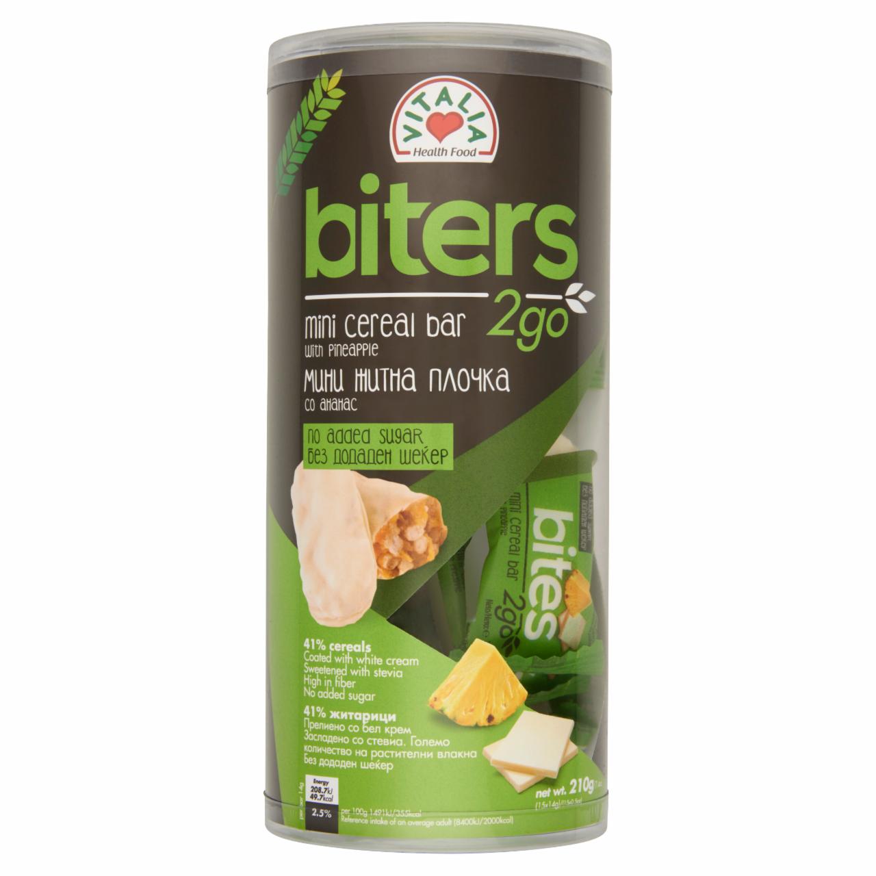 Képek - Vitalia Biters 2go ananászos müzliszelet falatok fehér színű bevonattal, édesítőszerrel 15 db 210 g