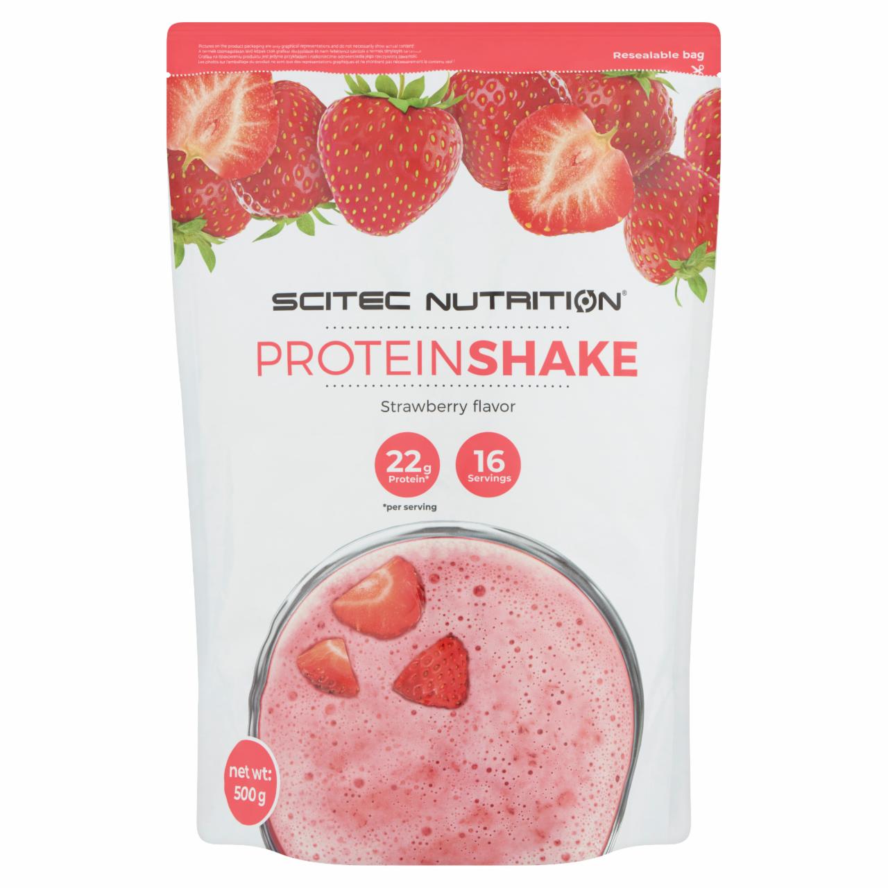 Képek - Scitec Nutrition Protein Shake eper ízű por fehérjével, cukorral és édesítőszerekkel 500 g