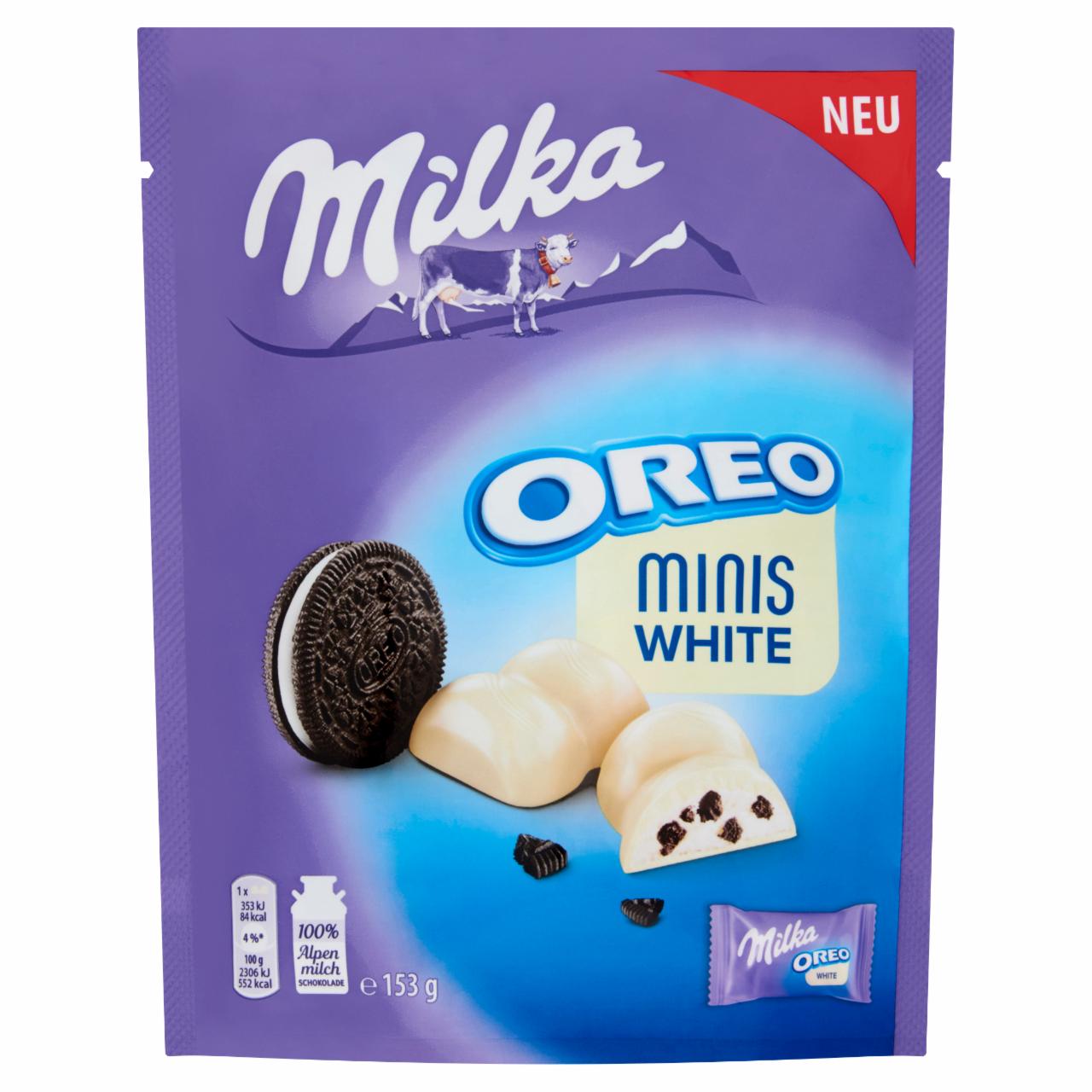 Képek - Milka Oreo Minis White fehér csokoládé kekszdarabokkal és vaníliaízű tejes krémtöltelékkel 153 g