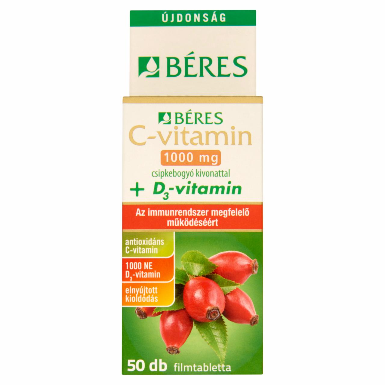 Képek - Béres C-vitamin 1000 mg + 1000 NE D3-vitamin filmtabletta csipkebogyókivonattal 50 x 1,85 g (92,5 g)