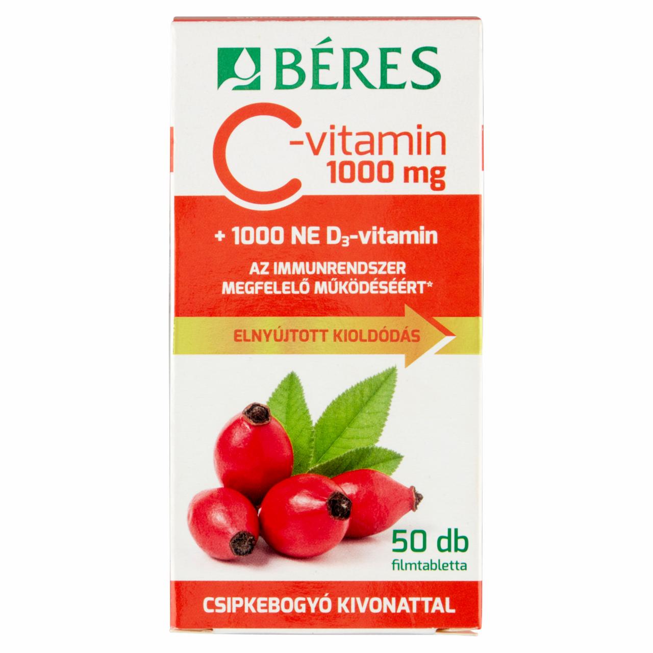 Képek - Béres C-vitamin 1000 mg + 1000 NE D3-vitamin filmtabletta csipkebogyókivonattal 50 x 1,85 g (92,5 g)