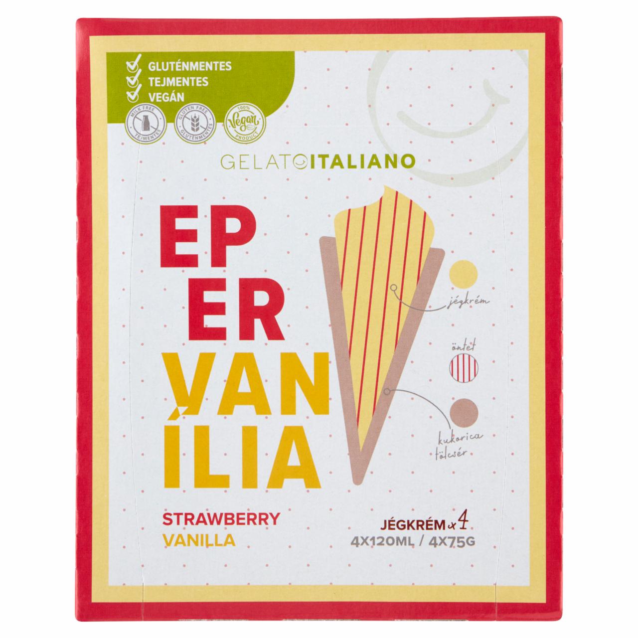 Képek - Gelato Italiano eper-vanília tejmentes, gluténmentes jégkrém kukoricatölcsérben 4 x 120 ml (480 ml)