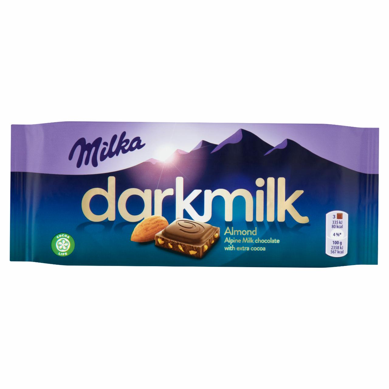 Képek - Milka Darkmilk magas kakaótartalmú alpesi tejcsokoládé manduladarabokkal 85 g