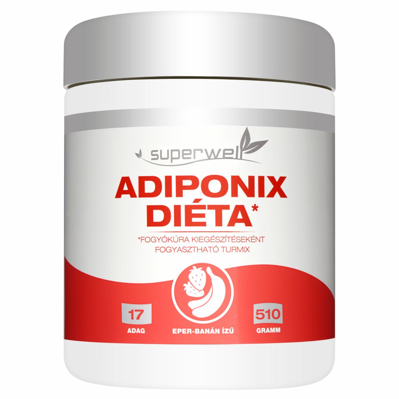 Képek - Superwell Adiponix Diéta eper-banán ízű fehérje alapú étrend-kiegészítő italpor 510 g