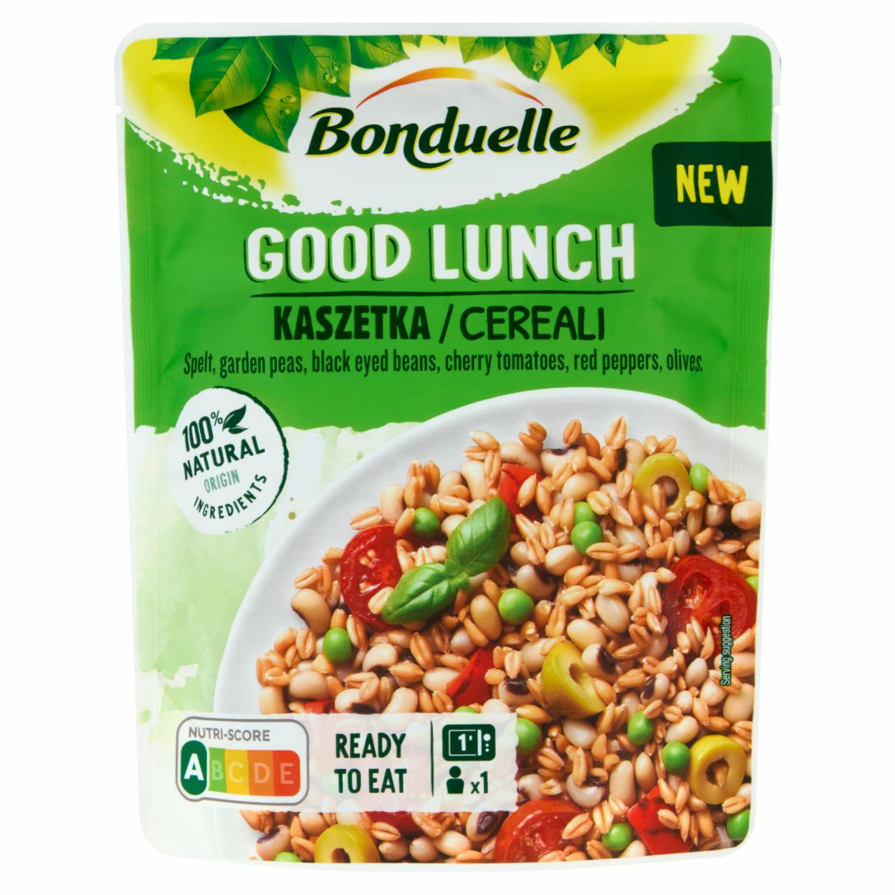 Képek - Bonduelle Good Lunch tönkölybúza, zöldborsó, bab, paradicsom, paprika és olajbogyó keveréke 250 g