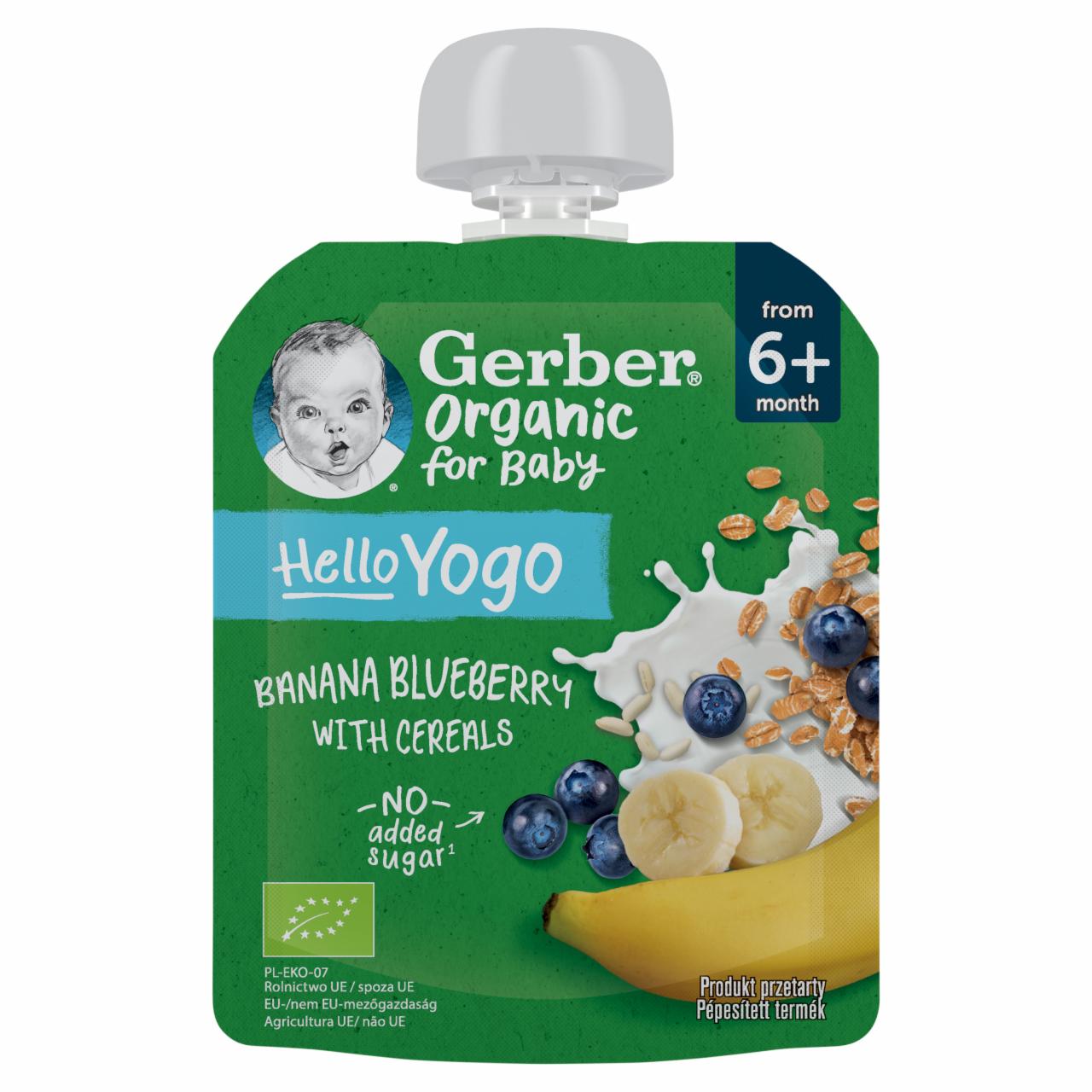 Képek - Gerber Organic for Baby Hello Yogo bio banán-áfonya gyümölcspüré gabonával 6 hónapos kortól 80 g