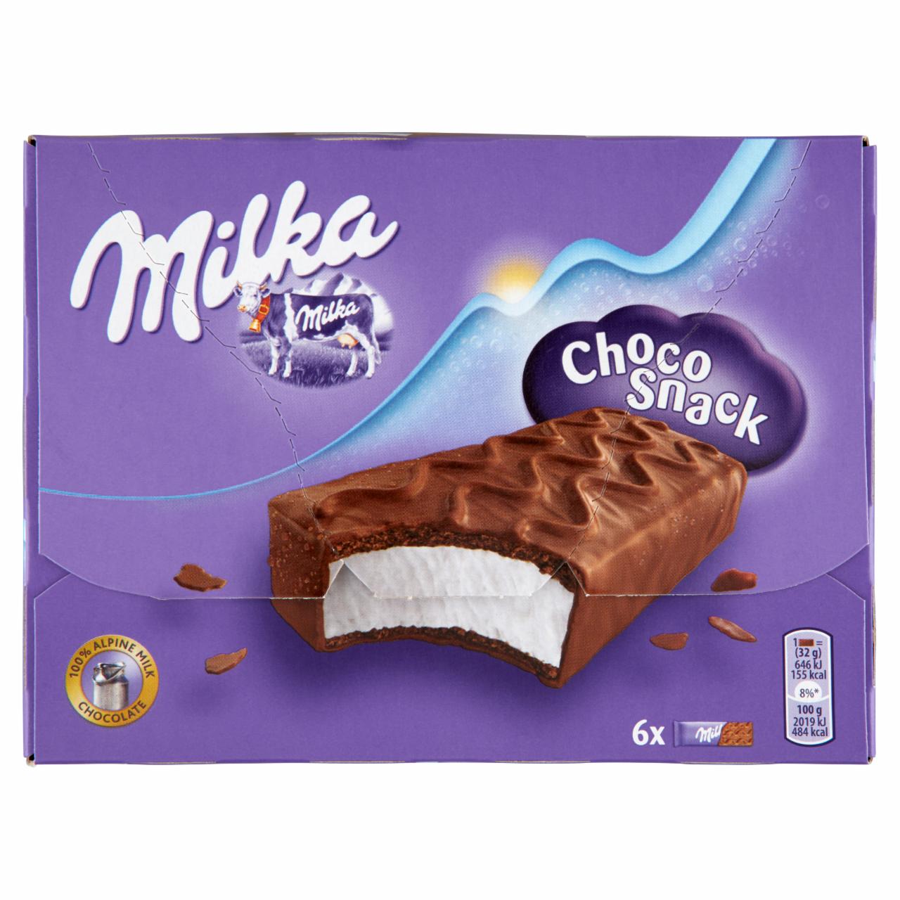 Képek - Milka Choco Snack tejes krémmel töltött sütemény alpesi tejcsokoládéval 6 x 32 g (192 g)