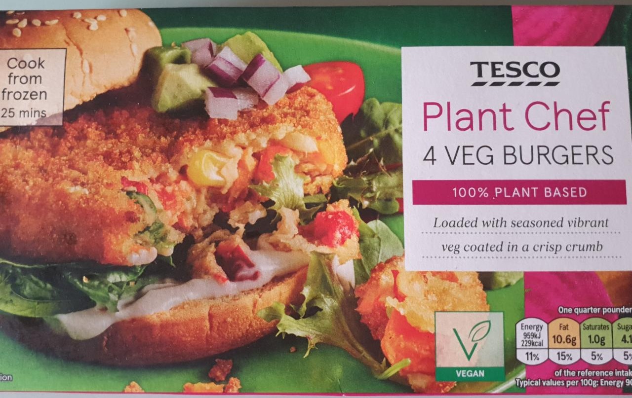 Képek - Tesco plant chef gyorsfagyasztott fűszeres zöldségekből készült hamburgerpogácsa panírban 4 db 