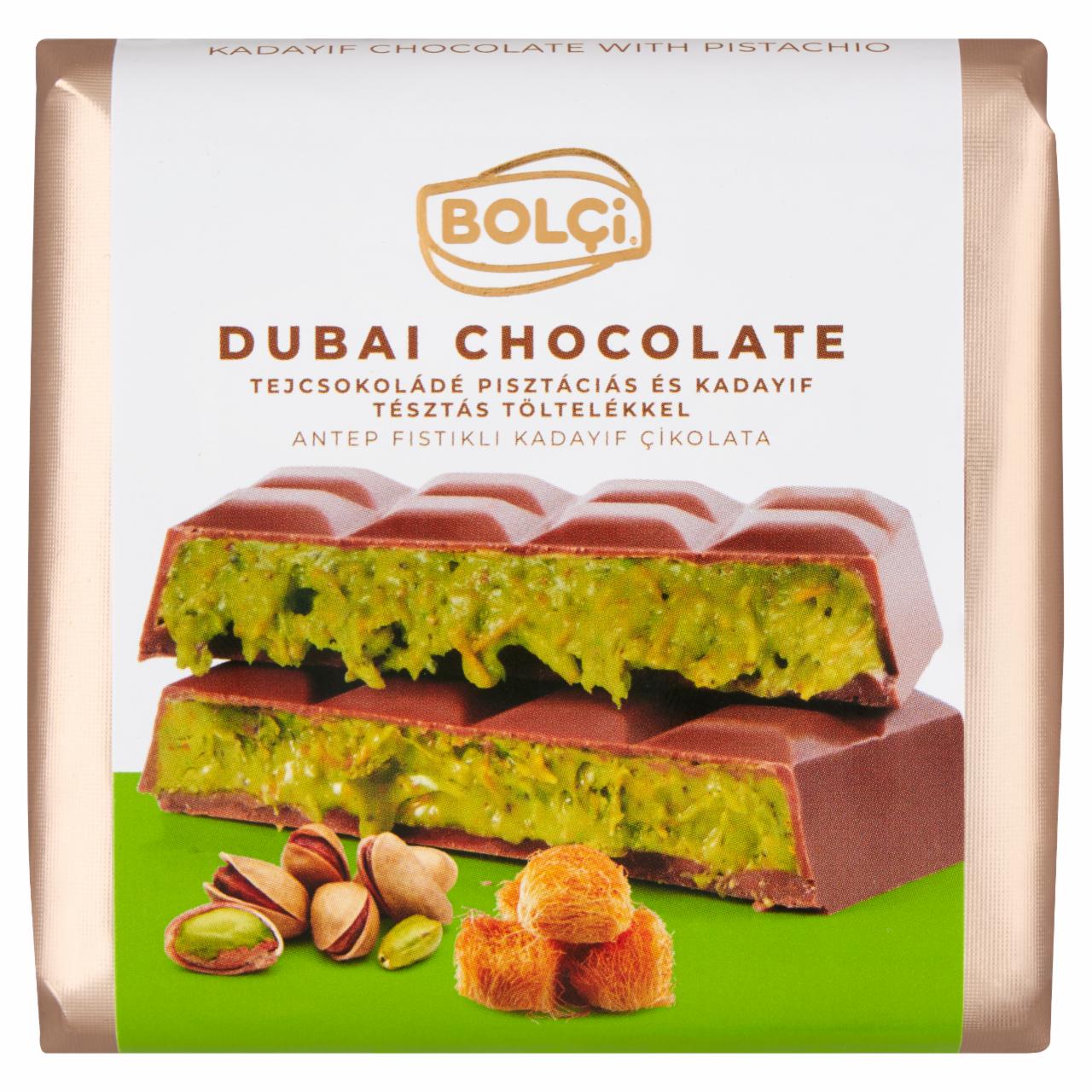 Képek - Bolçi Dubai Chocolate tejcsokoládé pisztáciás és kadayif tésztás töltelékkel 100 g