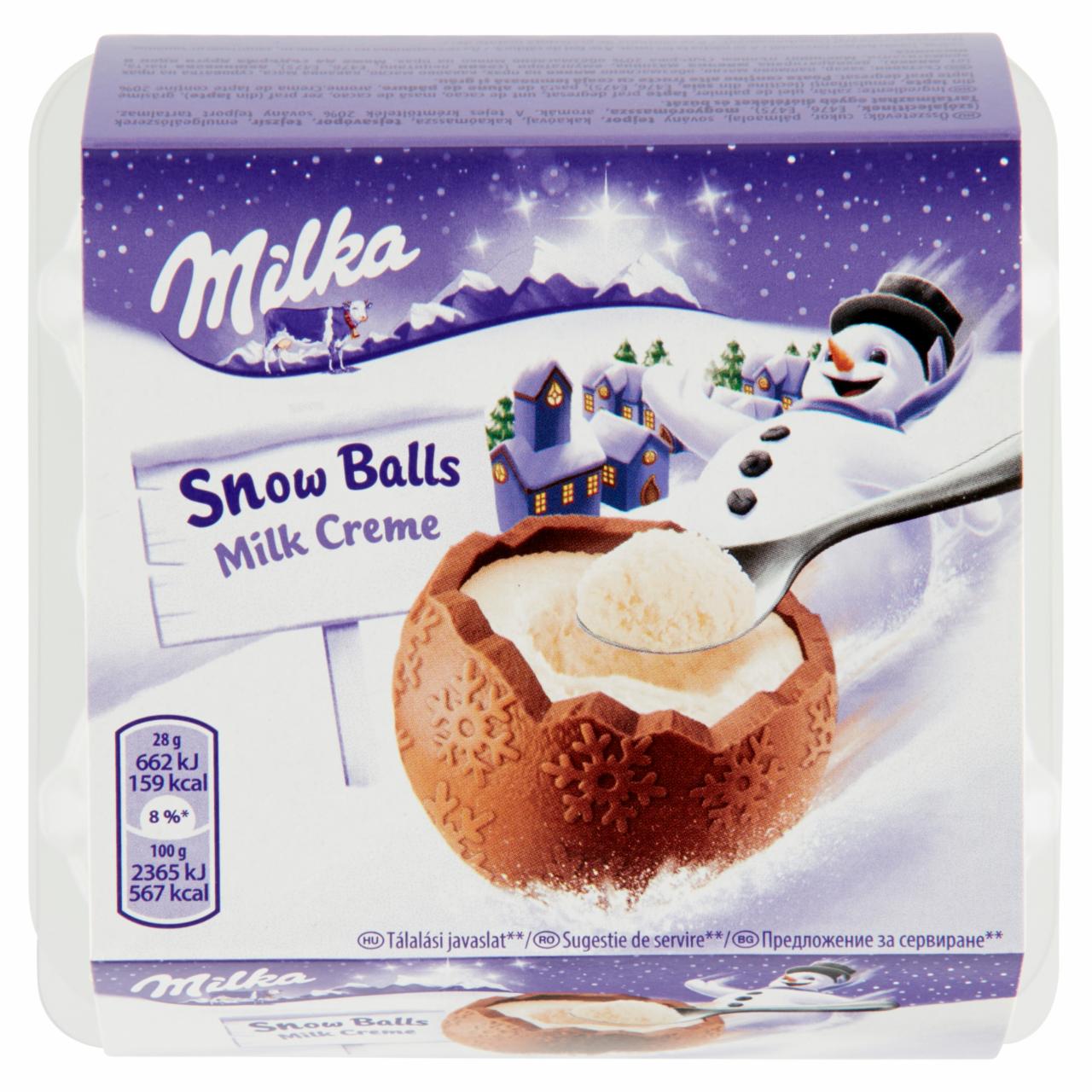 Képek - Milka Snow Balls alpesi tejcsokoládé tejes krémtöltelékkel 4 x 28 g (112 g)
