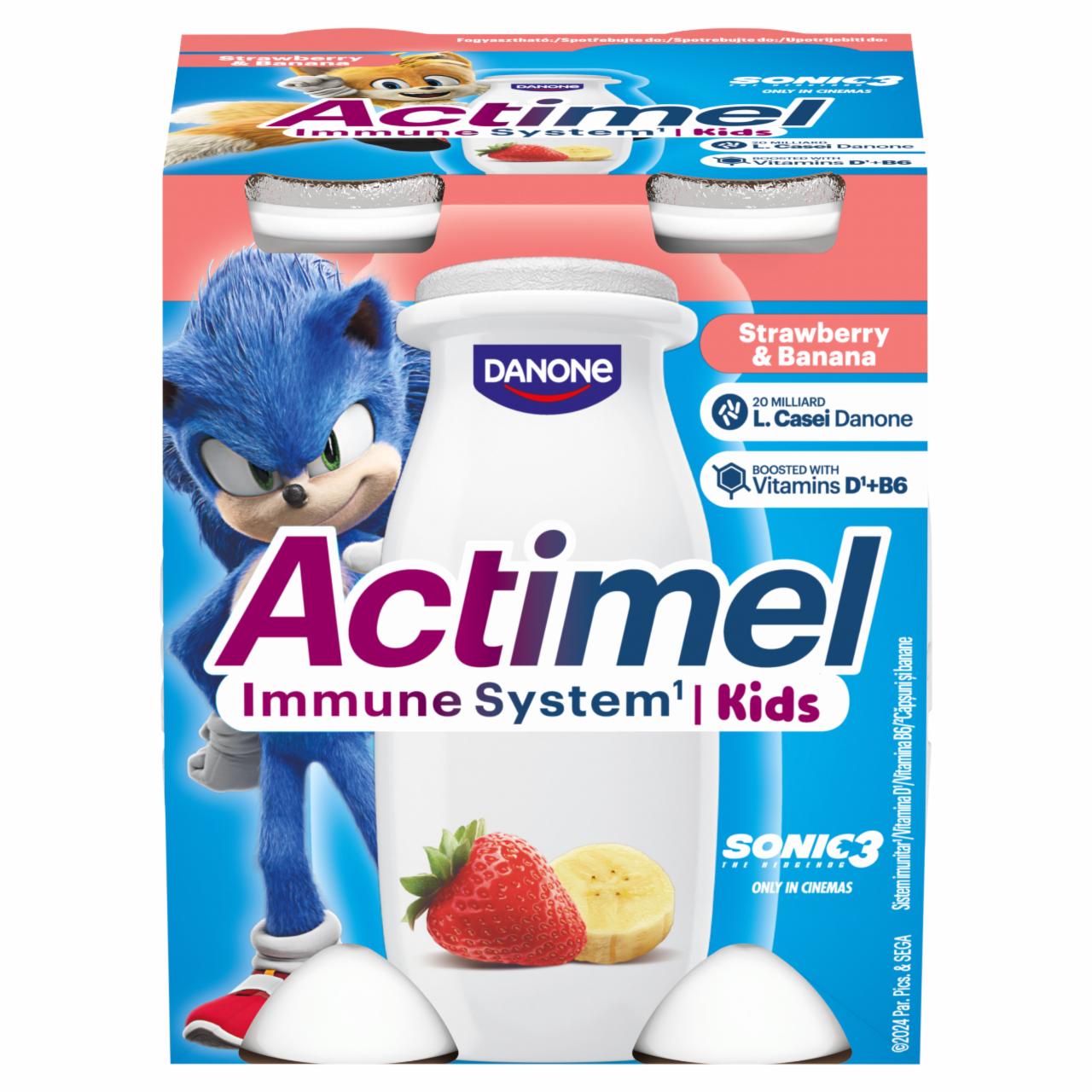Képek - Danone Actimel Kids zsírszegény eper-banánízű joghurtital B6- és D-vitaminnal 4 x 100 g (400 g)