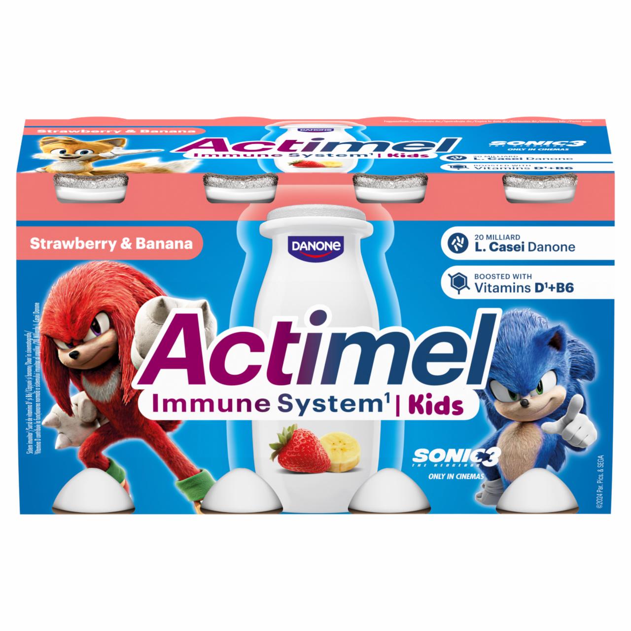 Képek - Danone Actimel Kids zsírszegény eper-banánízű joghurtital B6- és D-vitaminnal 8 x 100 g (800 g)