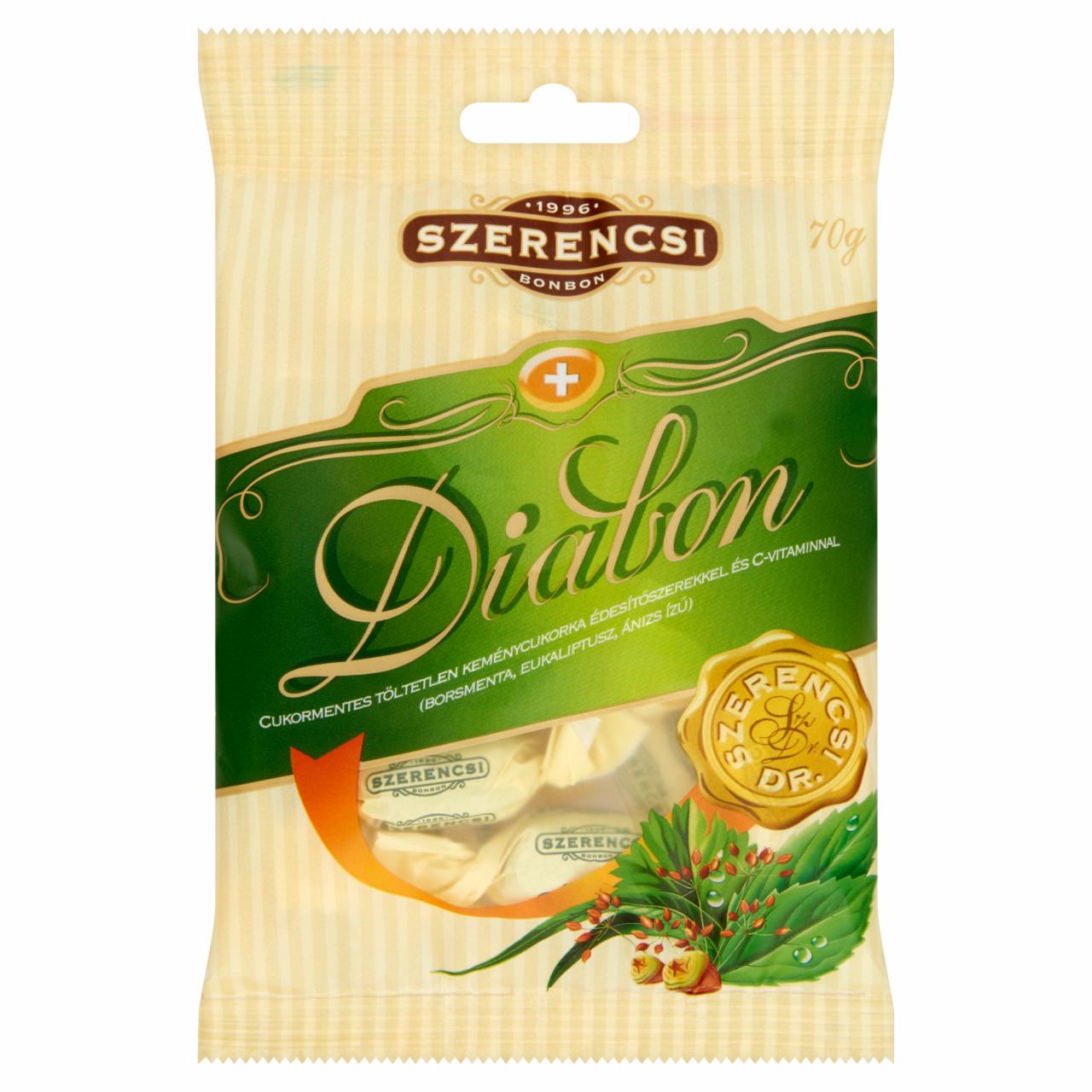 Képek - Szerencsi Diabon cukormentes borsmenta, eukaliptusz és ánizs ízű töltetlen keménycukorka 70 g