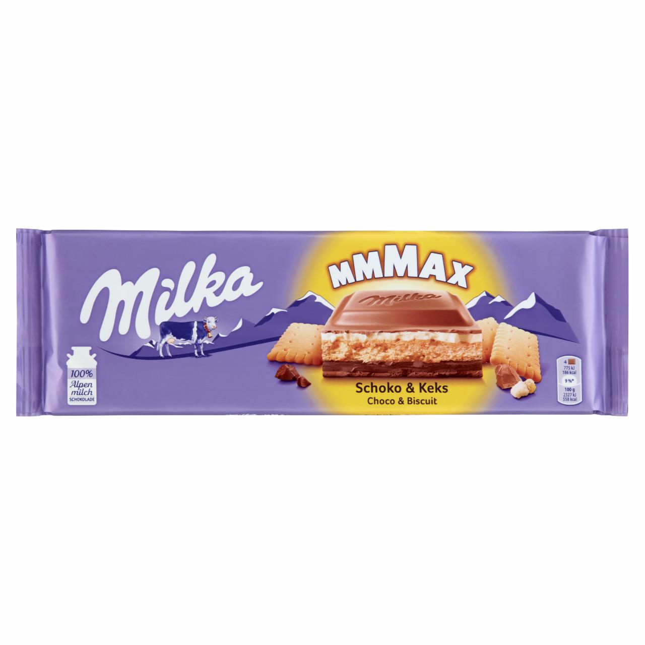 Képek - Milka Mmmax alpesi tejcsokoládé kakaós-tejes krémtöltelékkel és keksszel töltve 300 g