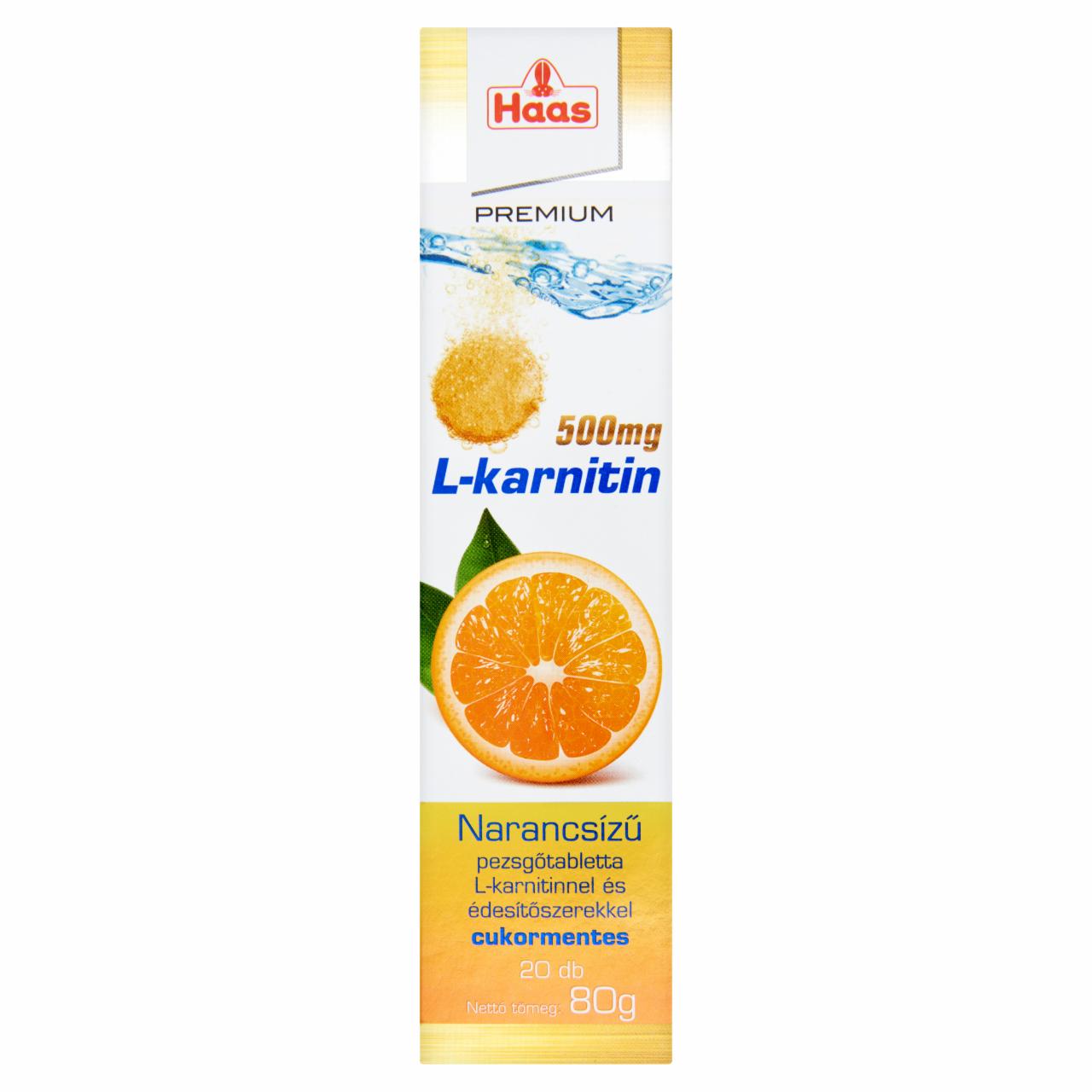 Képek - Haas Premium L-karnitin 500 mg narancsízű cukormentes étrend-kiegészítő pezsgőtabletta 20 db 80 g