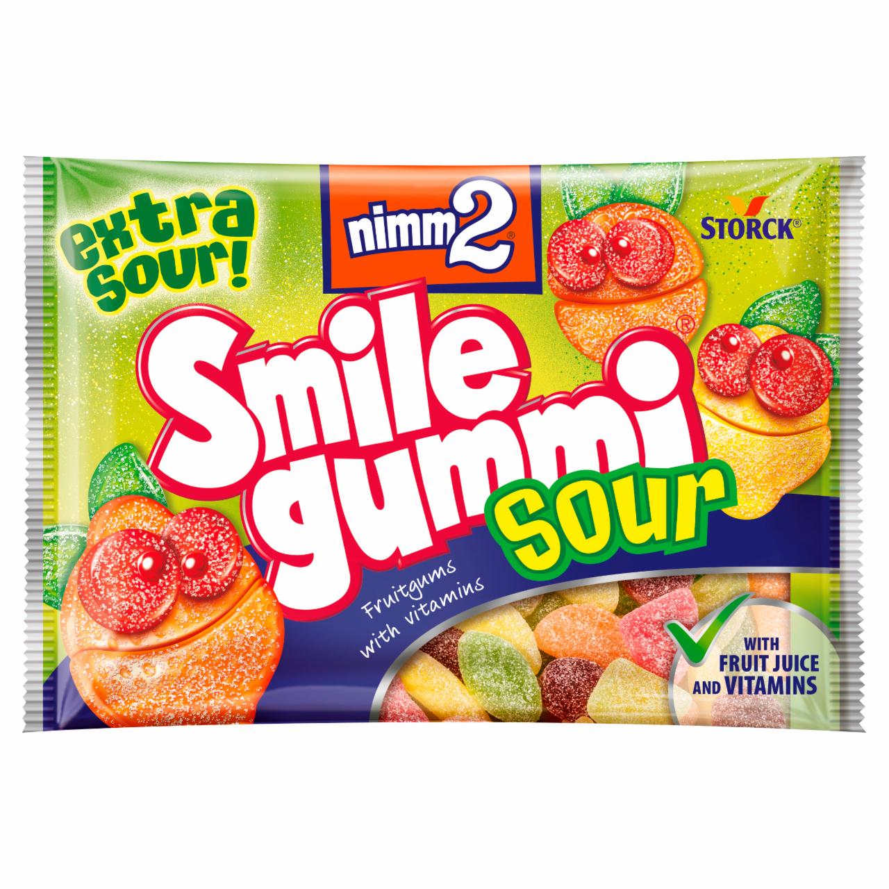 Képek - nimm2 Smilegummi Sour vegyes gyümölcs ízű savanyú gumicukorka vitaminokkal 100 g