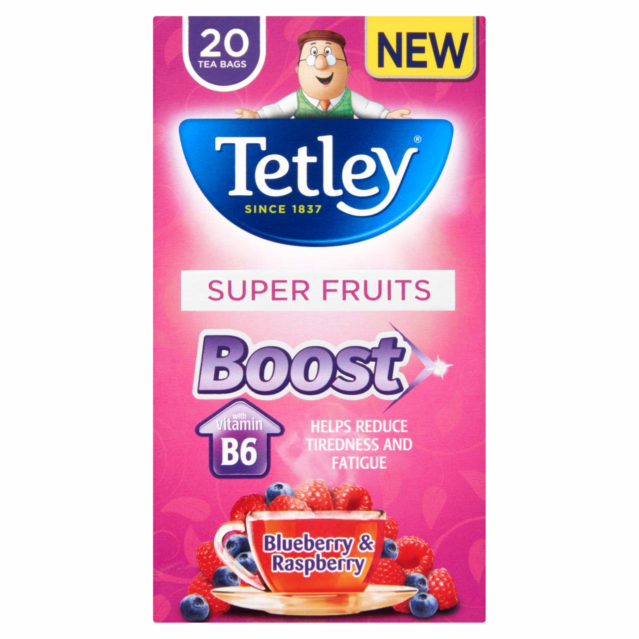 Képek - Tetley Super Fruits Boost áfonya és málna gyümölcstea hozzáadott B6 vitaminnal 20 filter 40 g