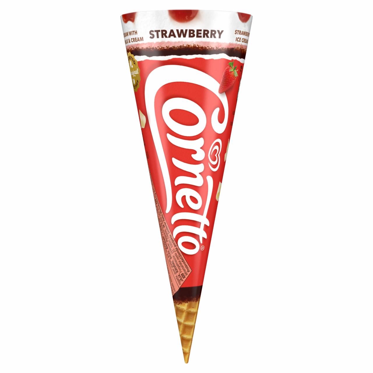 Képek - Cornetto epres jégkrém és vanília ízű tejjégkrém kakaós bevonatú ostyatölcsérben 125 ml 