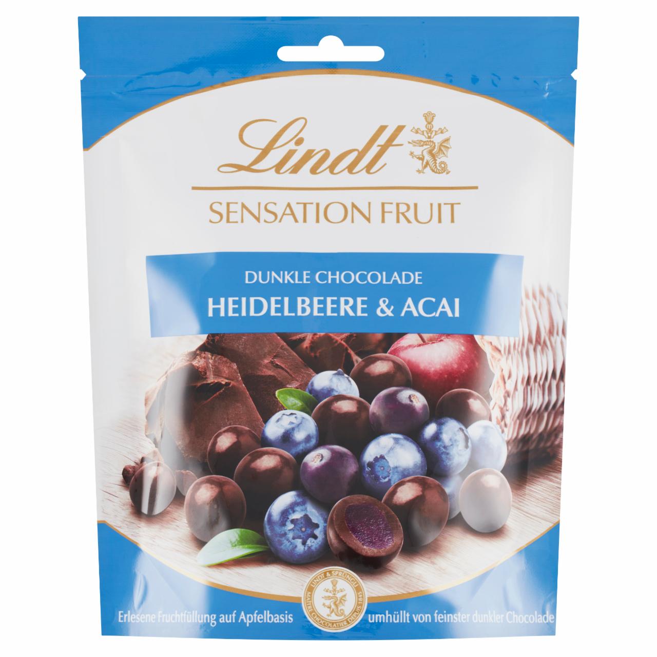 Képek - Lindt Sensation Fruit Heidelbeere & Acai gyümölcsdarabokkal töltött keserű csokoládébonbon 150 g