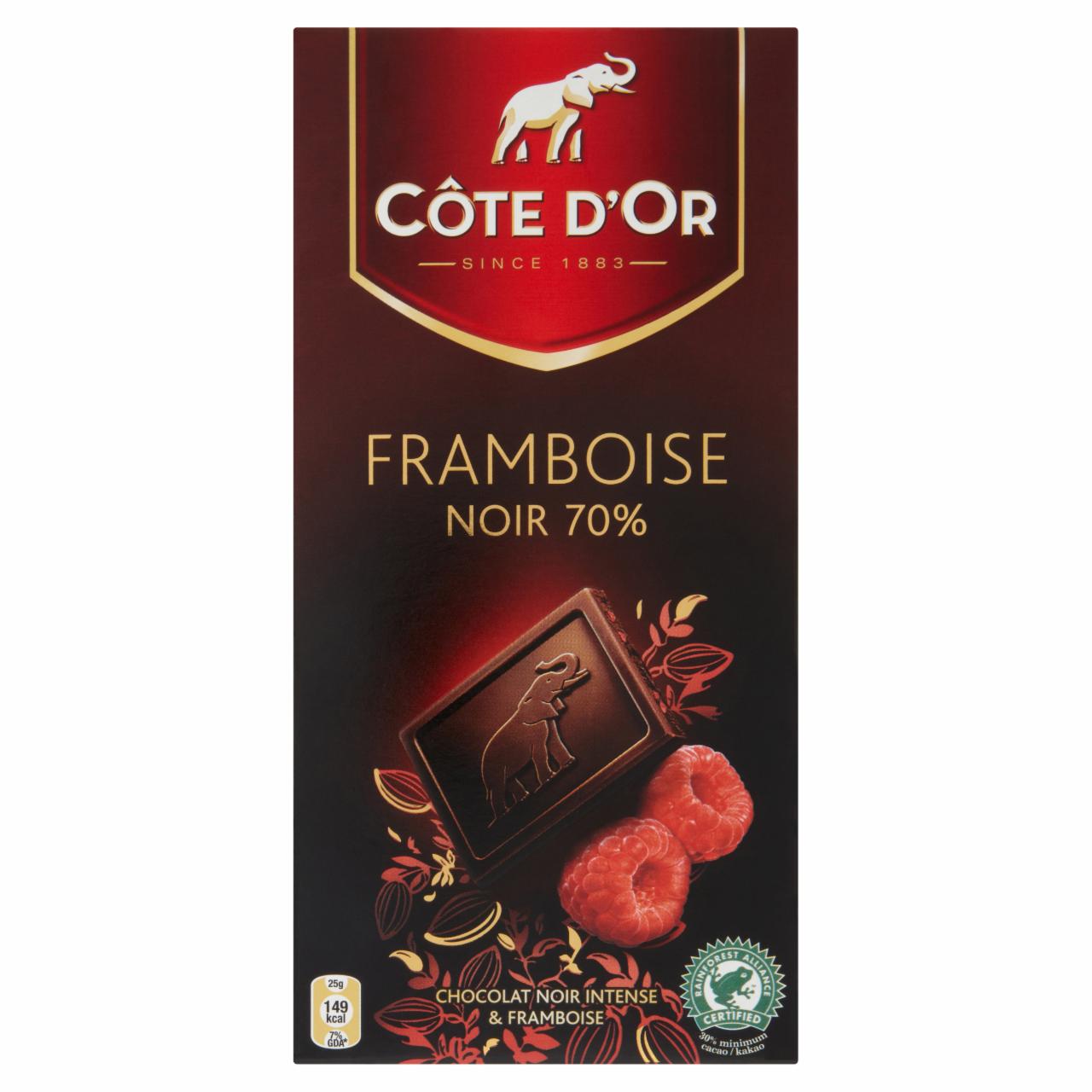 Képek - Côte d'Or étcsokoládé málnaízű étcsokoládé töltelékkel és kandírozott málnadarabokkal 100 g