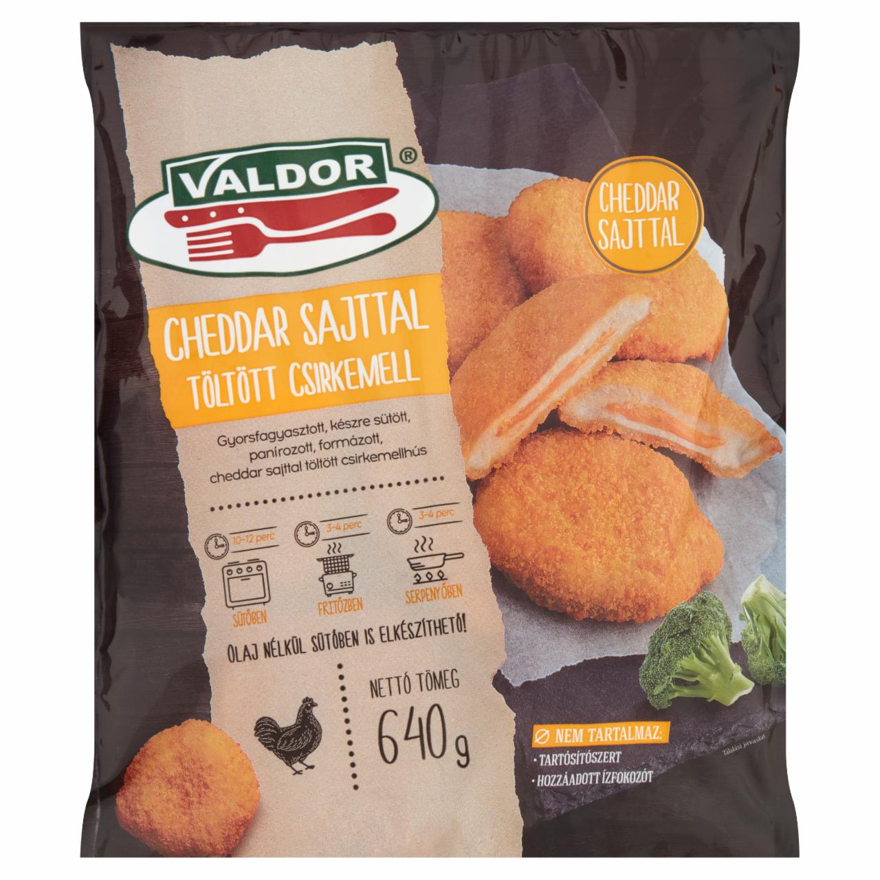 Képek - Valdor gyorsfagyasztott, készre sütött, panírozott, cheddar sajttal töltött csirkemell 640 g