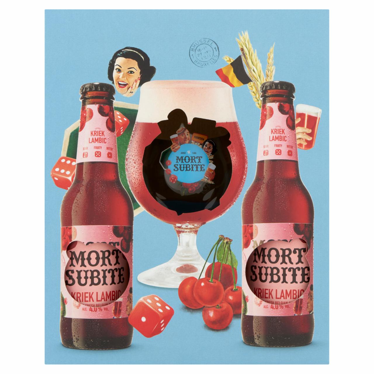 Képek - Mort Subite Kriek belga meggyes, lambic típusú sörkülönlegesség 4% 4 x 0,25 l +1 pohár