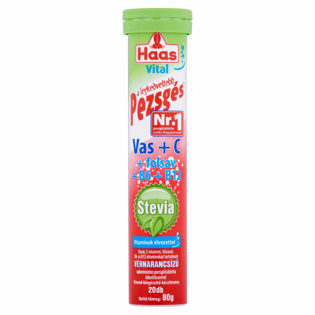 Képek - Haas Vital Vas + C vérnarancsízű cukormentes étrend-kiegészítő pezsgőtabletta 20 db 80 g