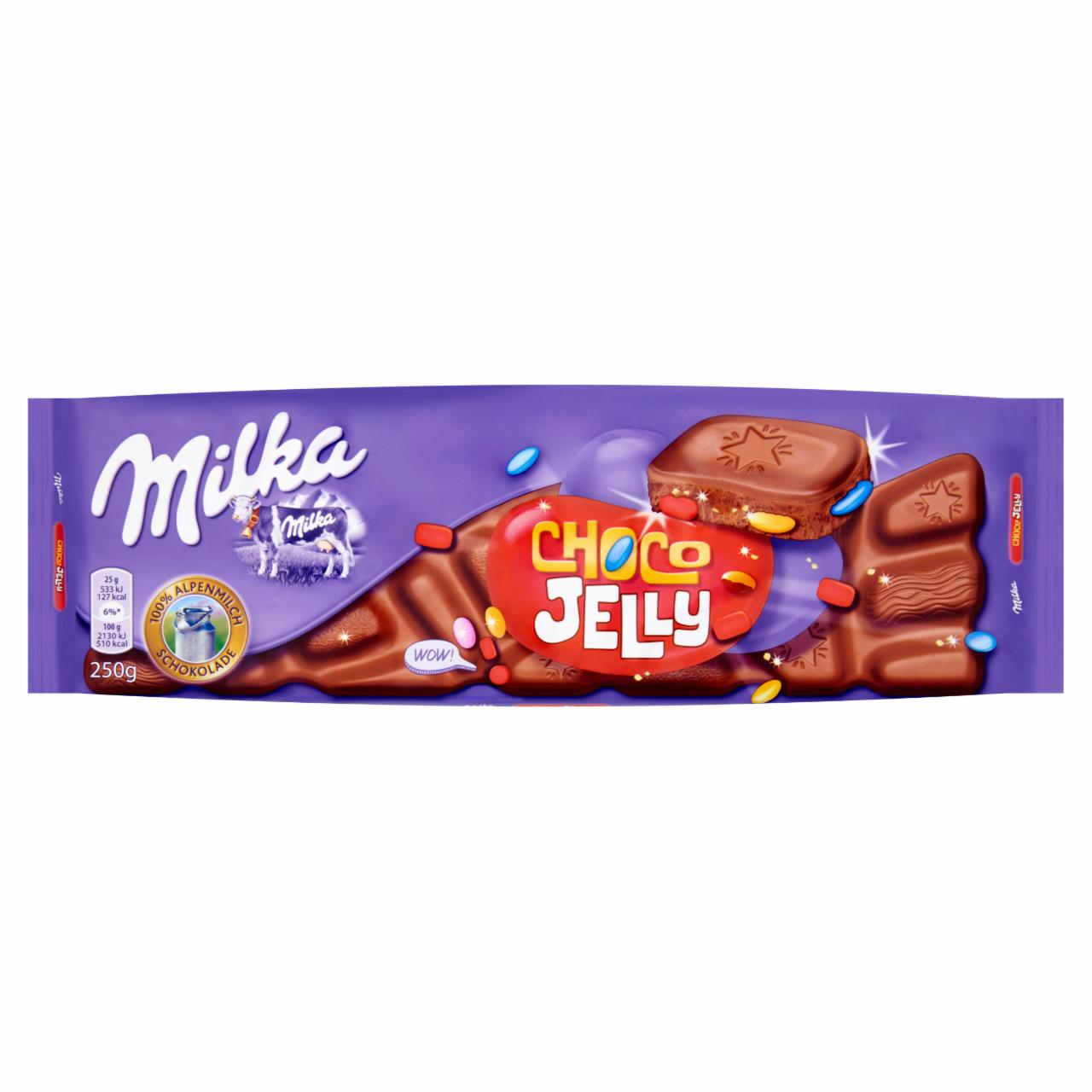 Képek - Milka Choco Jelly tejcsokoládé meggyízű zselédarabkákkal, cukordrazséval és robbanócukorkával 250 g