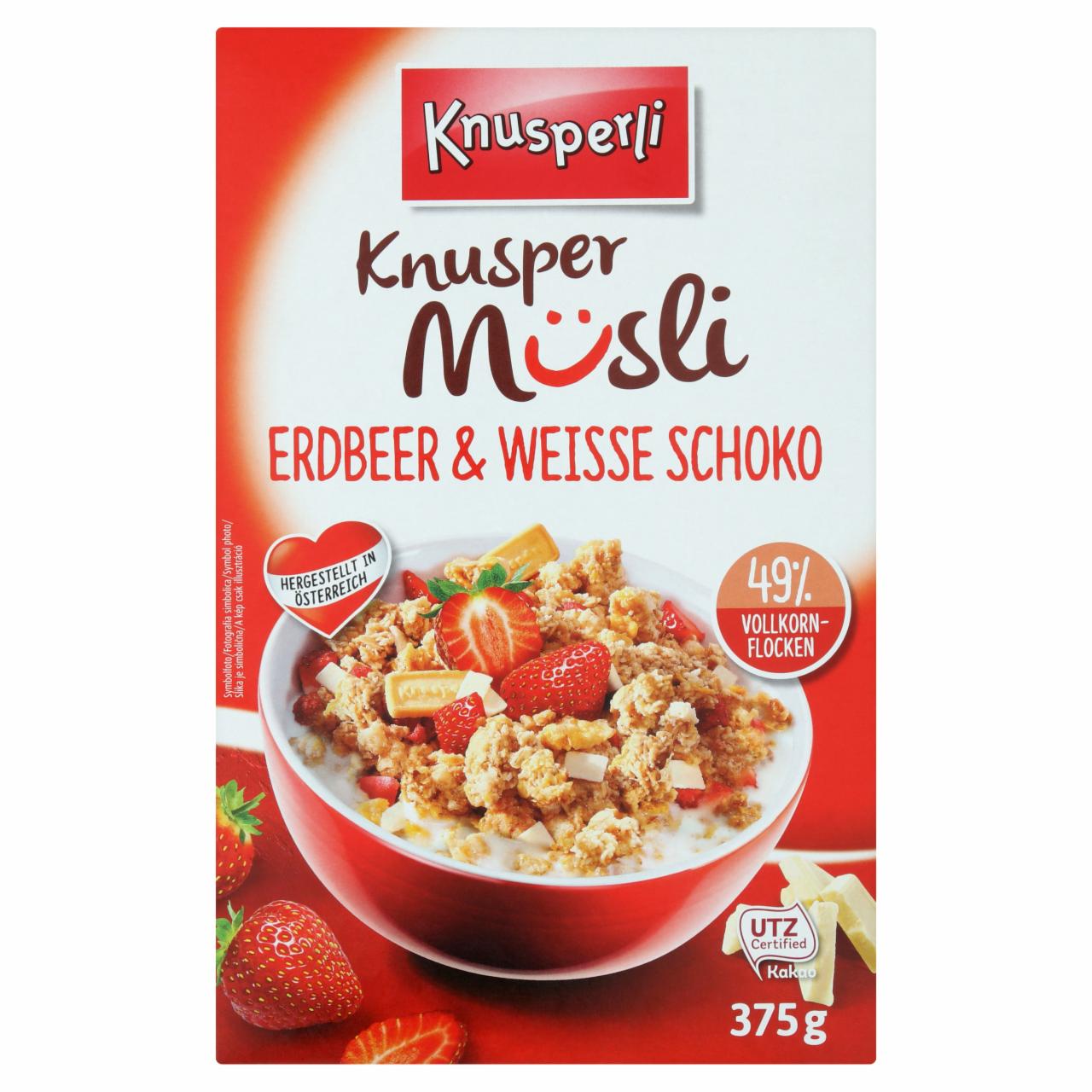 Képek - Knusperli ropogós müzli fagyasztva szárított eperrel, fehér csokoládé-darabokkal 375 g