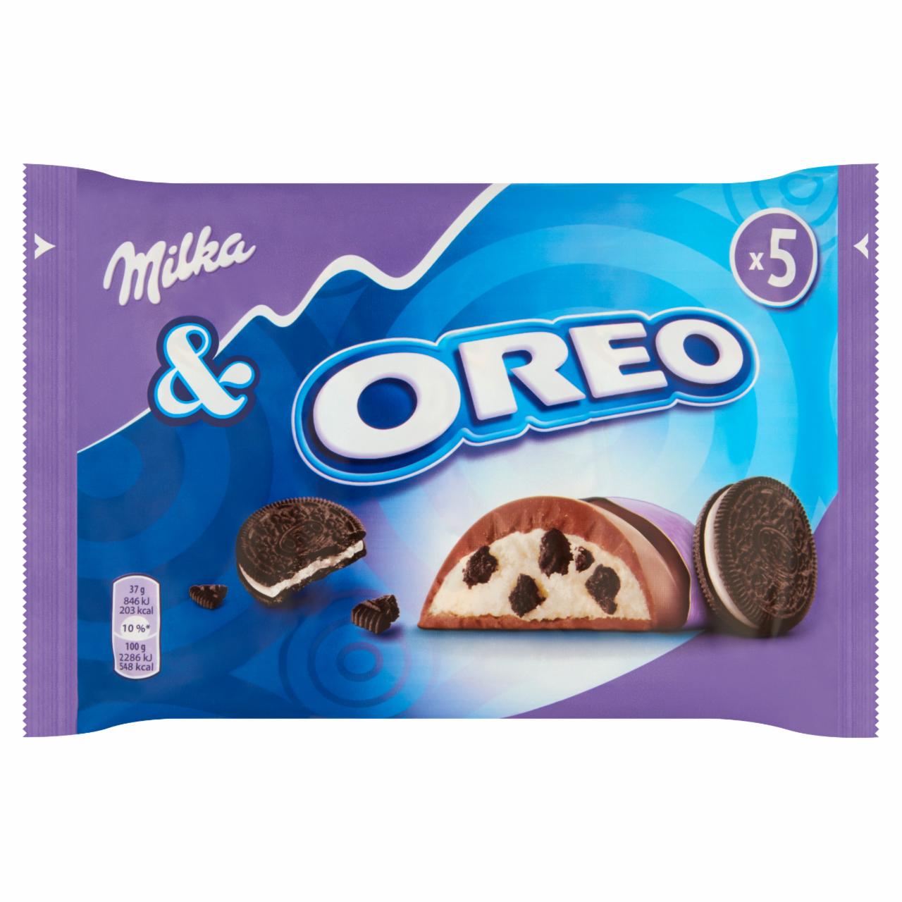 Képek - Milka&Oreo alpesi tejcsokoládé kakaós kekszdarabokkal és vaníliaízű tejes krémtöltelékkel 5 db 185 g