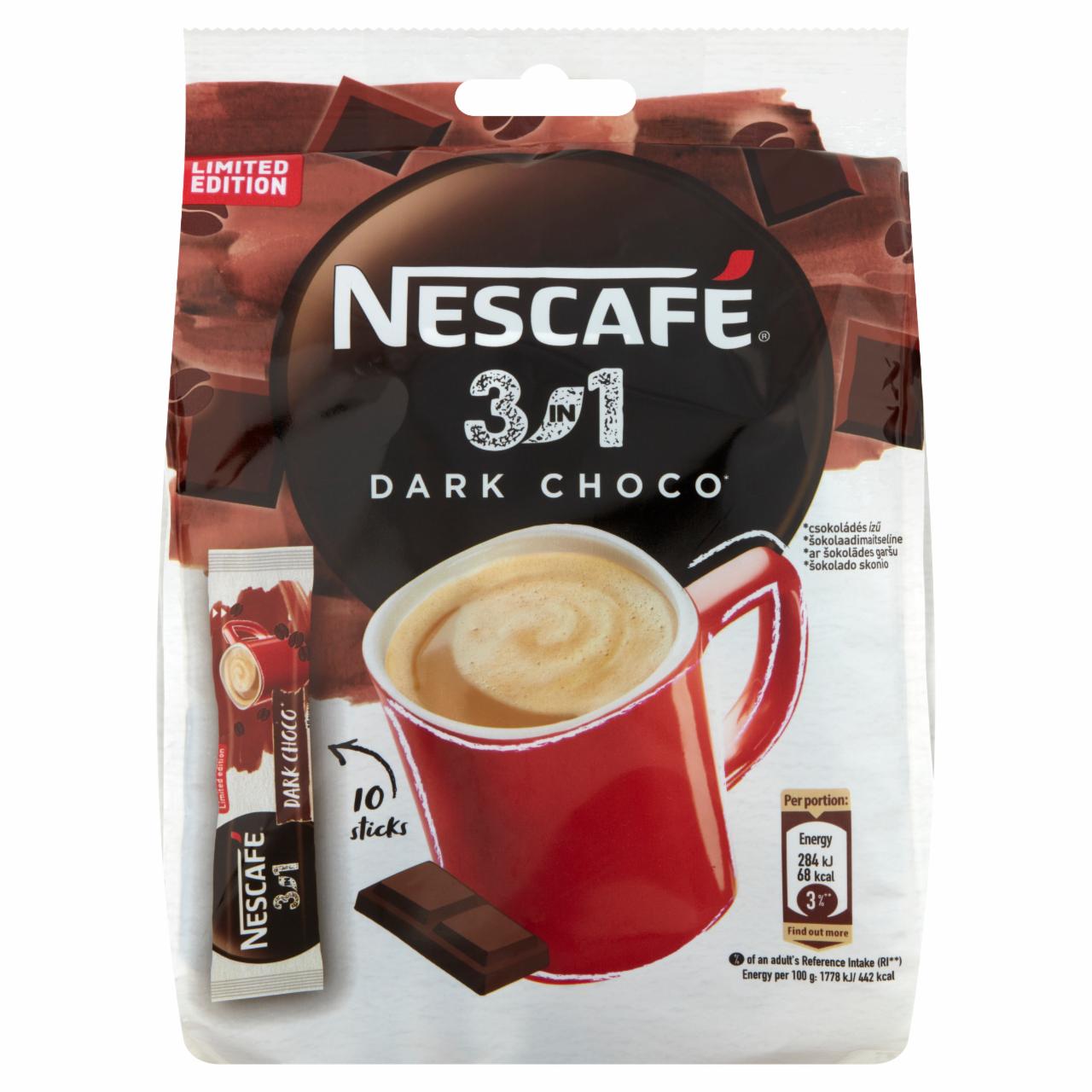 Képek - Nescafé 3in1 Dark Choco csokoládés ízű azonnal oldódó kávéspecialitás 10 x 16 g (160 g)