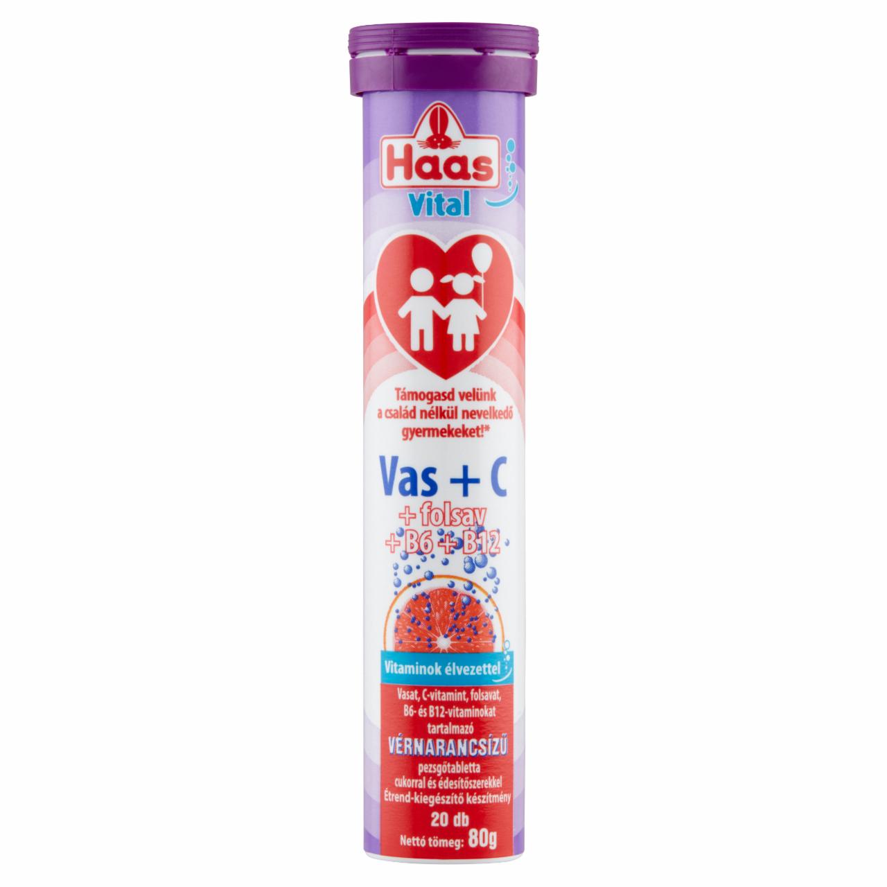 Képek - Haas Vital Vas+C+folsav+B6+B12 vérnarancsízű pezsgőtabletta cukorral és édesítőszerekkel 20 db 80 g