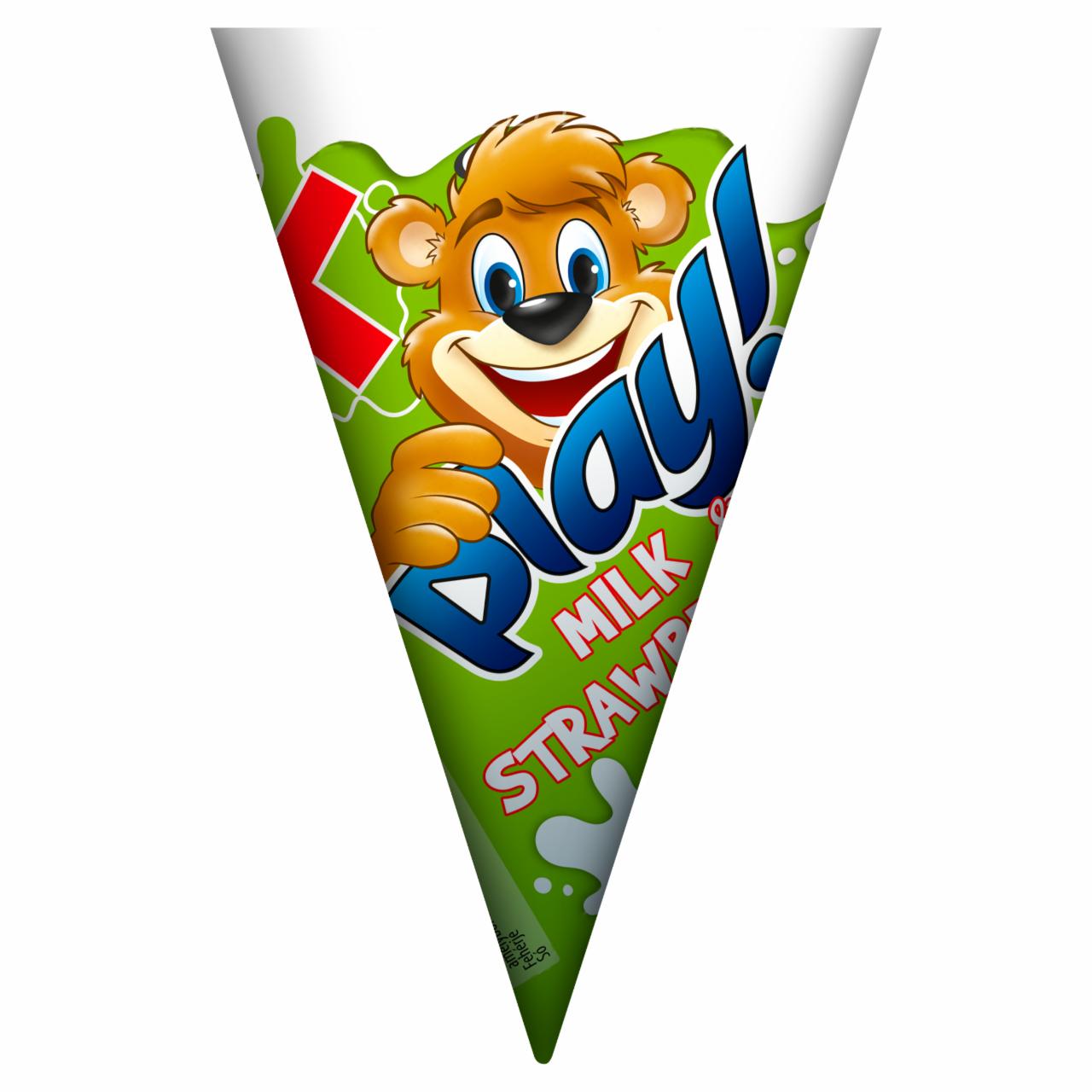 Képek - Kubu Play! tejszínes jégkrém eperöntettel és tejcsokoládé drazséval kakaós ostyatölcsérben 110 ml