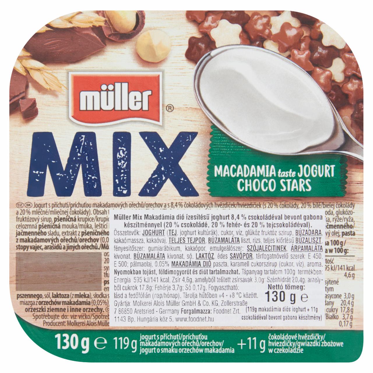 Képek - Müller Mix makadámia dió ízesítésű joghurt csokoládéval bevont gabona készítménnyel 130 g