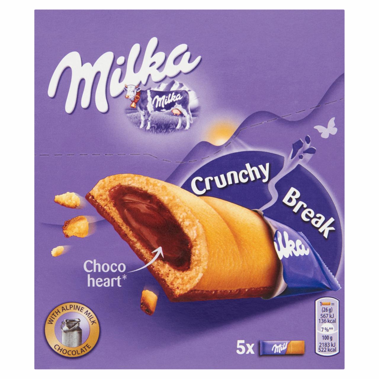 Képek - Milka Crunchy Break mogyoróízű, tejcsokoládés krémmel töltött keksz 5 db 130 g