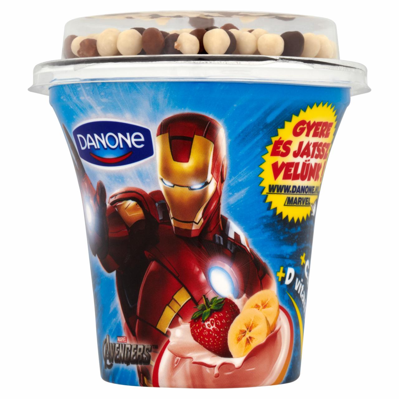 Képek - Danone eper-banánízű joghurt ét-, tej- és fehércsokoládéval bevont gabonagolyókkal 106 g