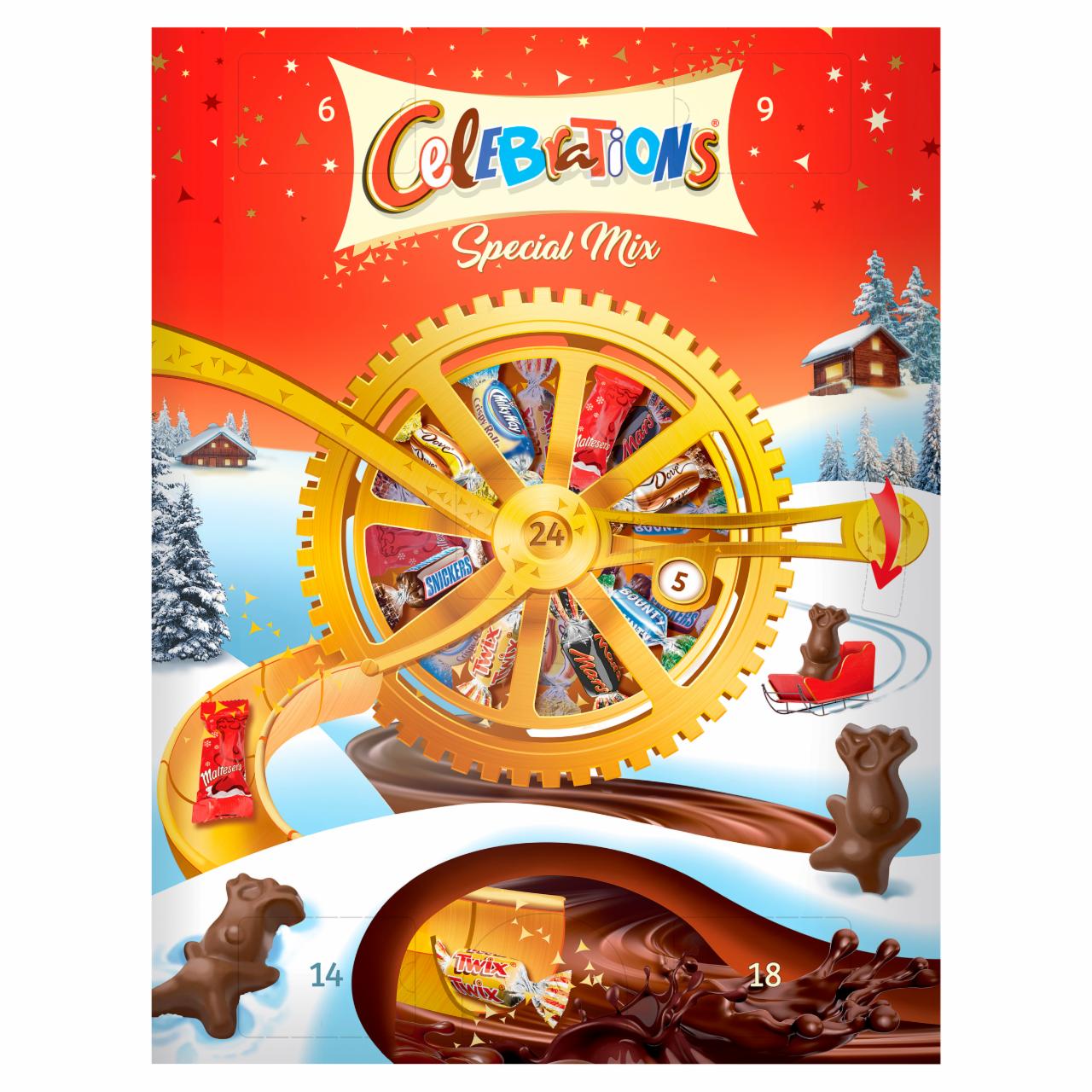 Képek - Celebrations Adventi Naptár Roulette vegyes töltött, kekszes és ostyás tejcsokoládé 239 g