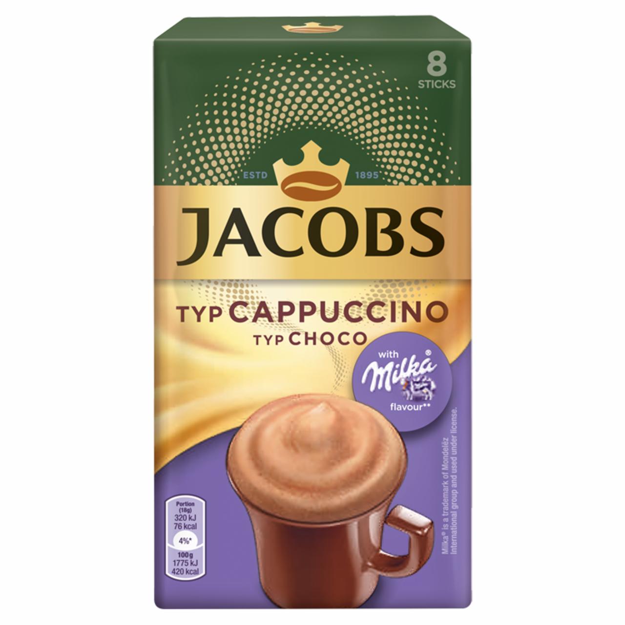 Képek - Jacobs csokoládé ízű, azonnal oldódó italpor cukrozott kakaóporral, instant kávéval 8 x 18 g (144 g)