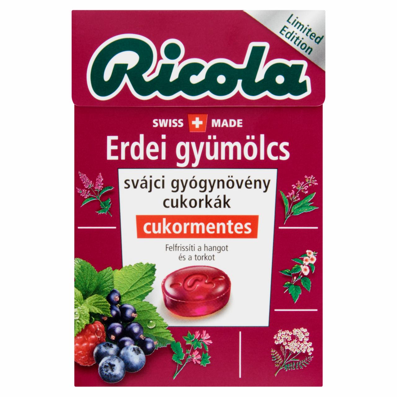 Képek - Ricola Erdei Gyümölcs cukormentes svájci gyógynövény cukorkák C vitaminnal édesítőszerekkel 40 g