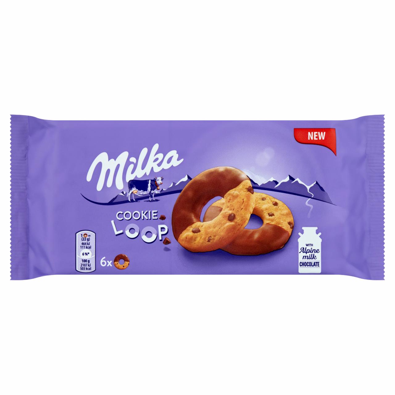 Képek - Milka Cookie Loop keksz csokoládédarabokkal tejcsokoládéval részben mártva 132 g