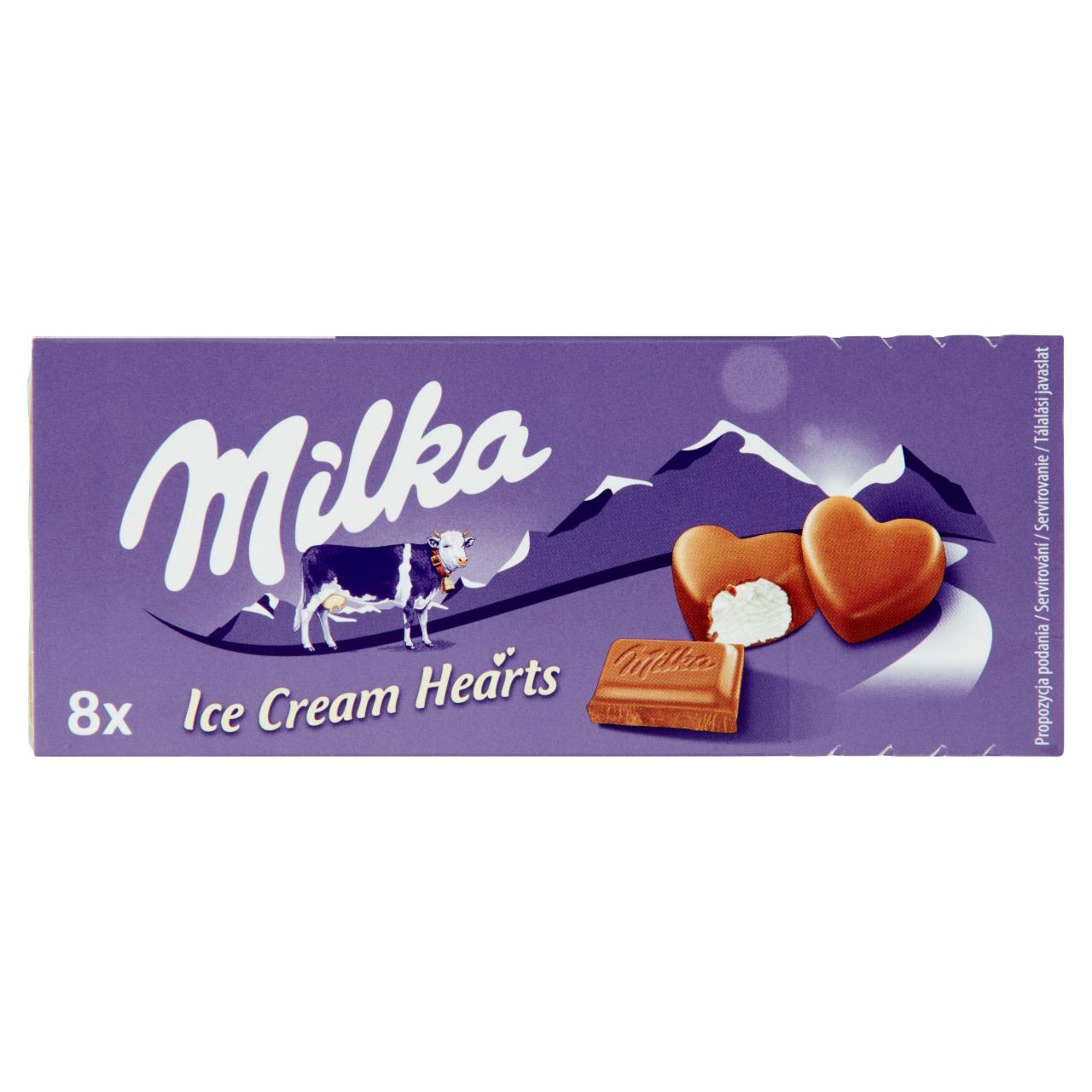 Képek - Milka Ice Cream Hearts vaníliás jégkrém tejcsokoládés bevonattal 8 db 80 ml