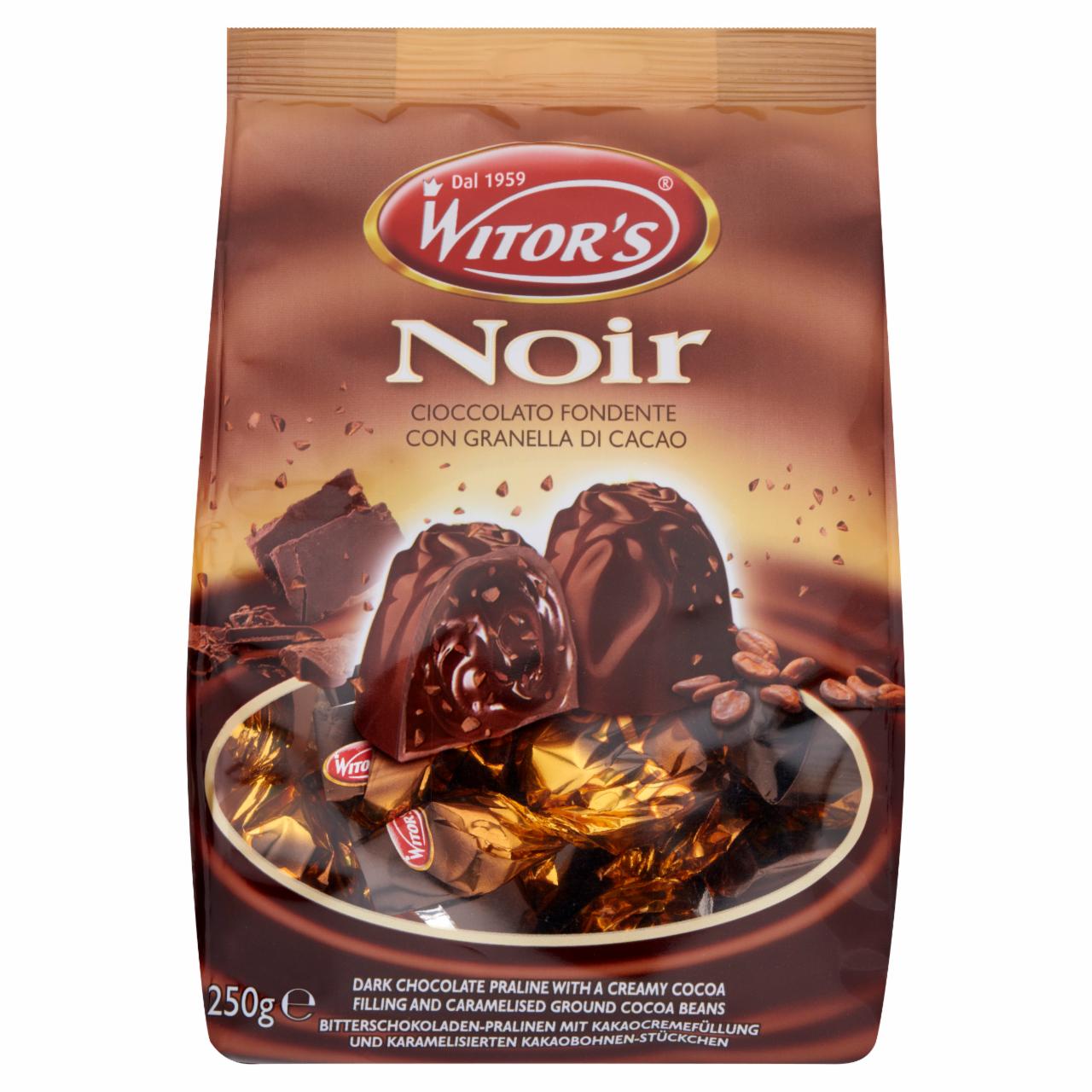 Képek - Witor's Noir kakaókrémmel és karamellázott kakaóbab darabkákkal töltött étcsokoládés praliné 250 g