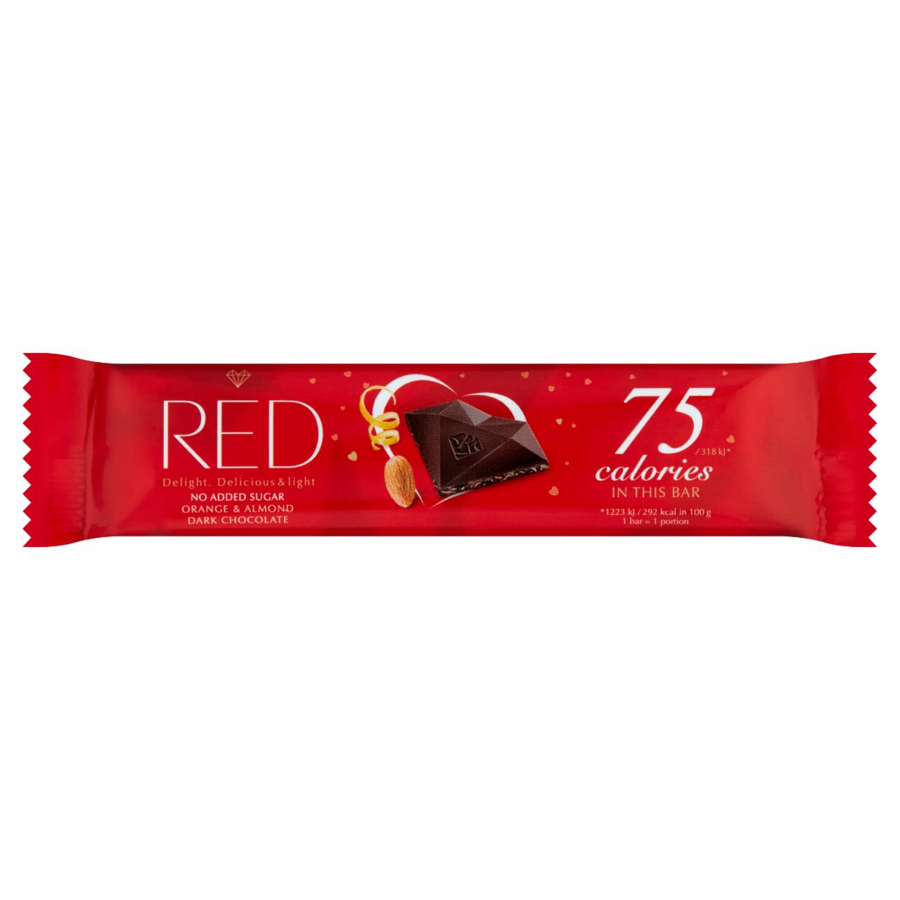 Képek - Red Delight csökkentett energiatartalmú étcsokoládé narancs-mandula darabokkal édesítőszerekkel 26 g
