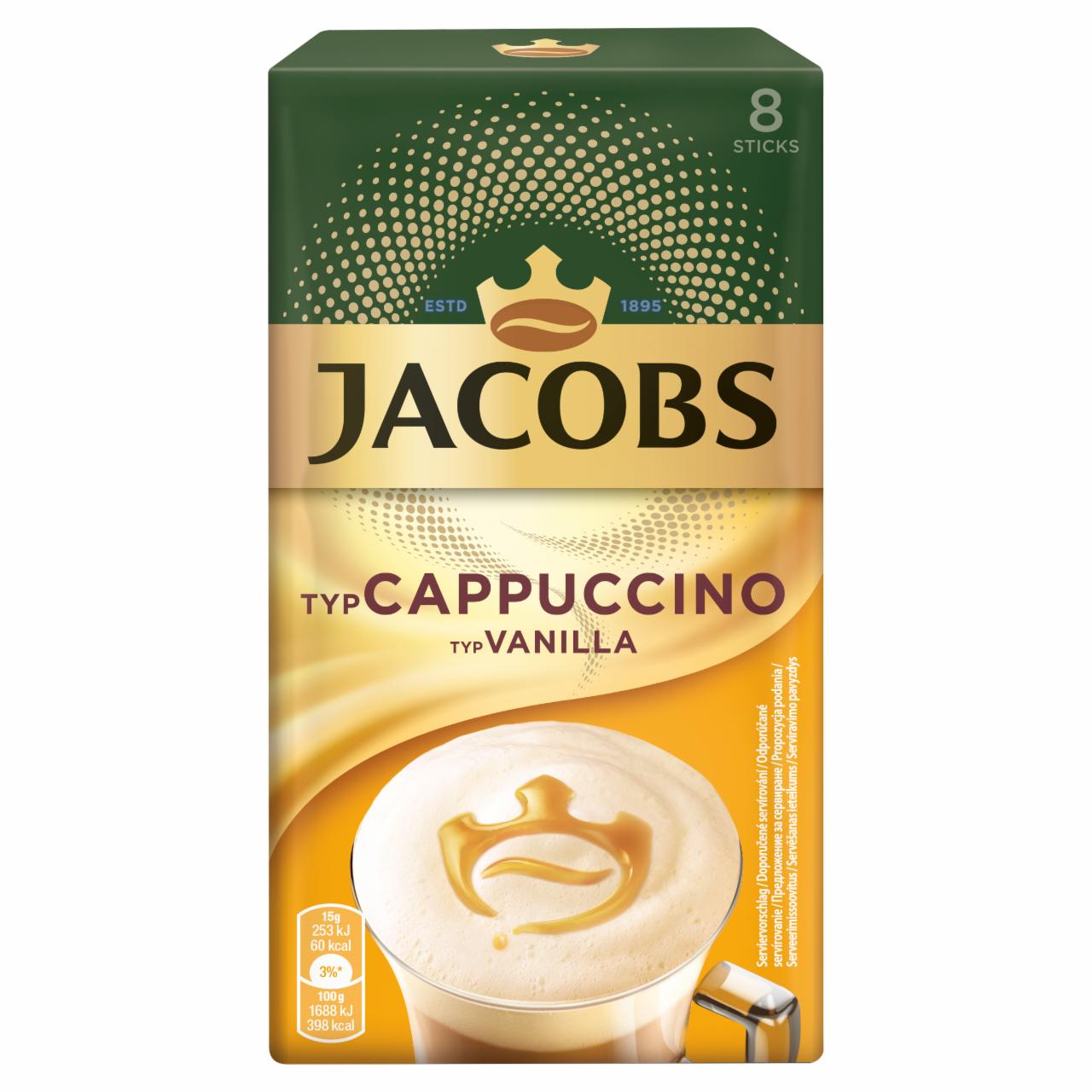 Képek - Jacobs vanília ízű azonnal oldódó kávéitalpor cukorral és sovány tejporral 8 x 15 g (120 g)
